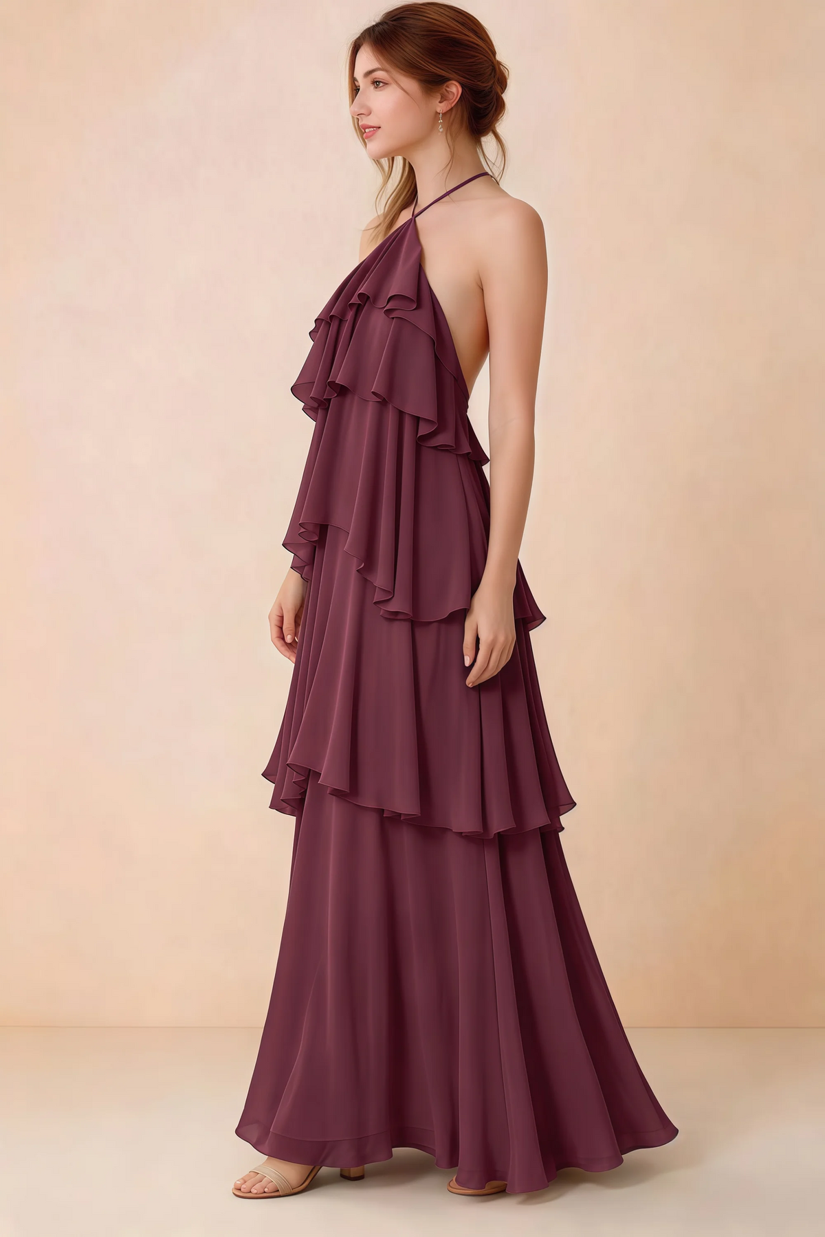 Side view of Audrey cabernet chiffon dress showing the relaxed shape and layered ruffles