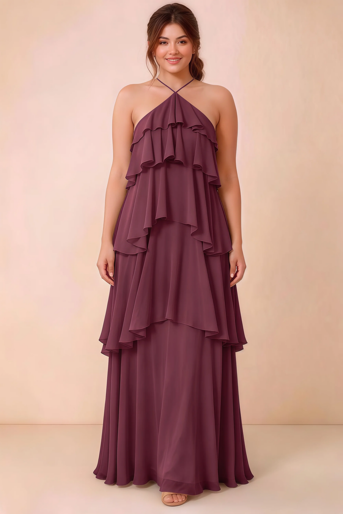 Front studio view of Audrey cabernet halter maxi dress showing the relaxed chiffon tiers