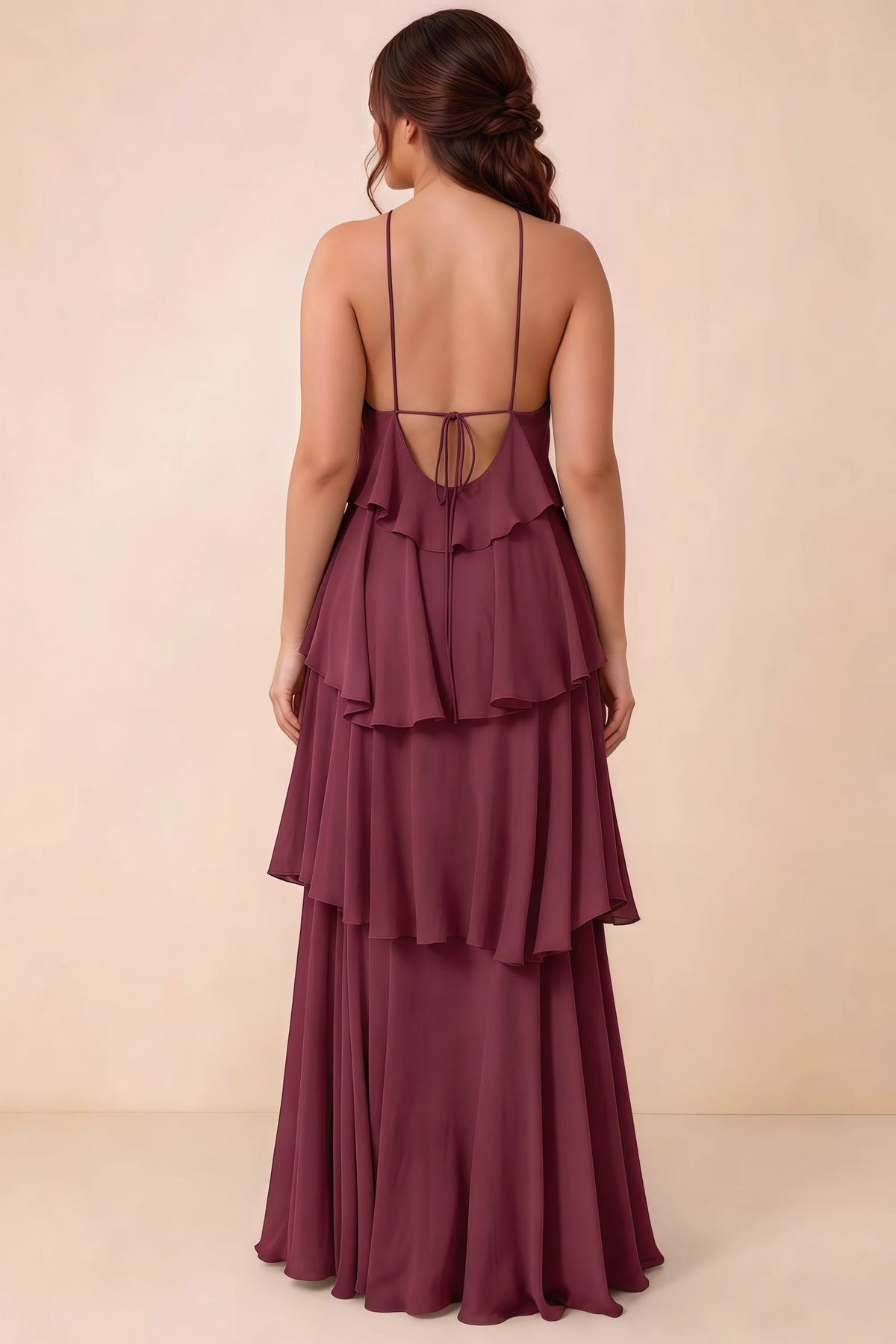 Rear studio view of Audrey cabernet tiered chiffon dress showing the low back and fine ties