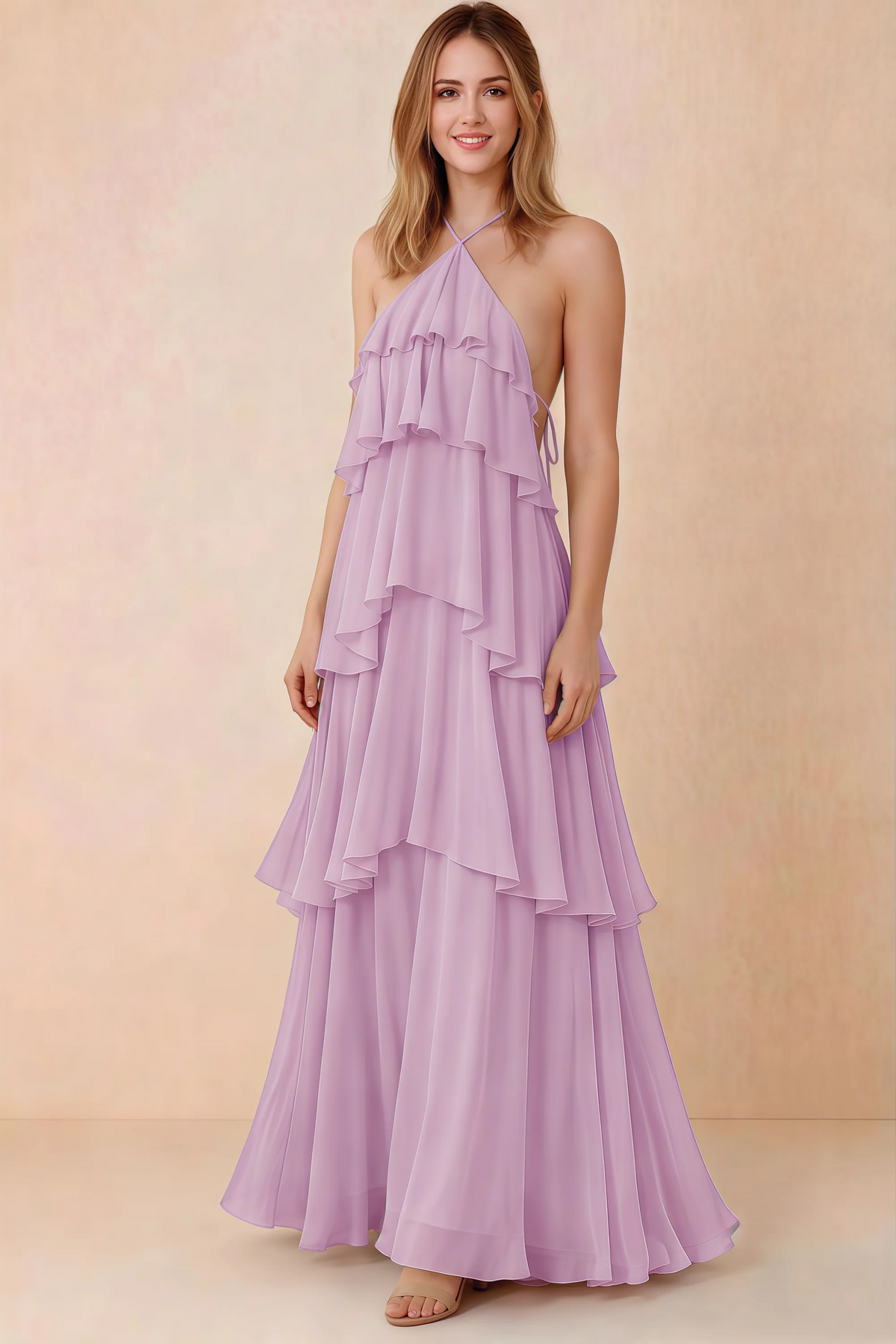 Front view of Audrey candy chiffon maxi dress with crossed halter straps and cascading tiered ruffles