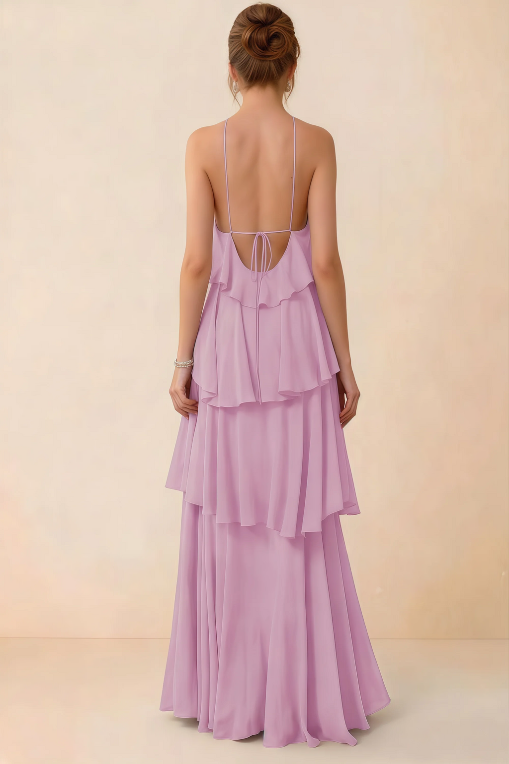Back view of Audrey candy ruffle maxi dress showing a low open back and fine tie straps