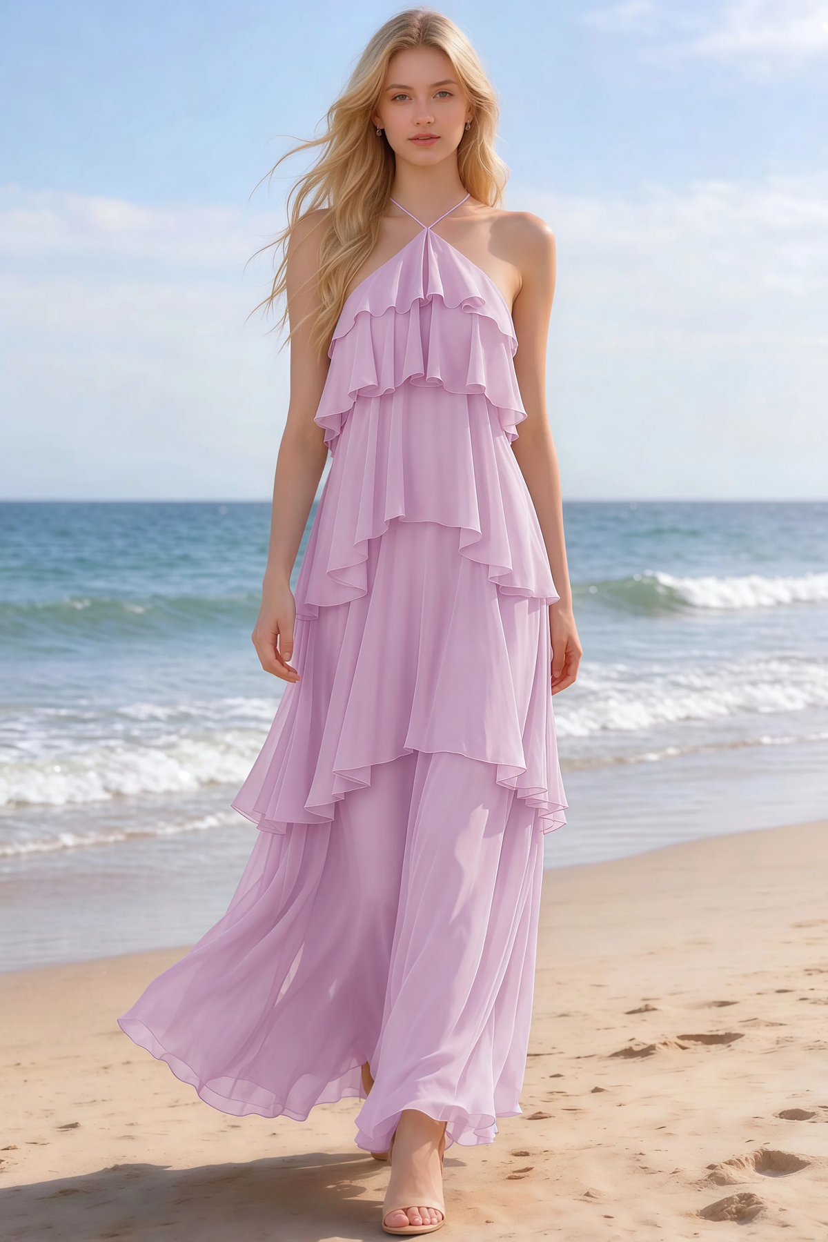 Audrey candy halter chiffon maxi dress shown from the front on a beach