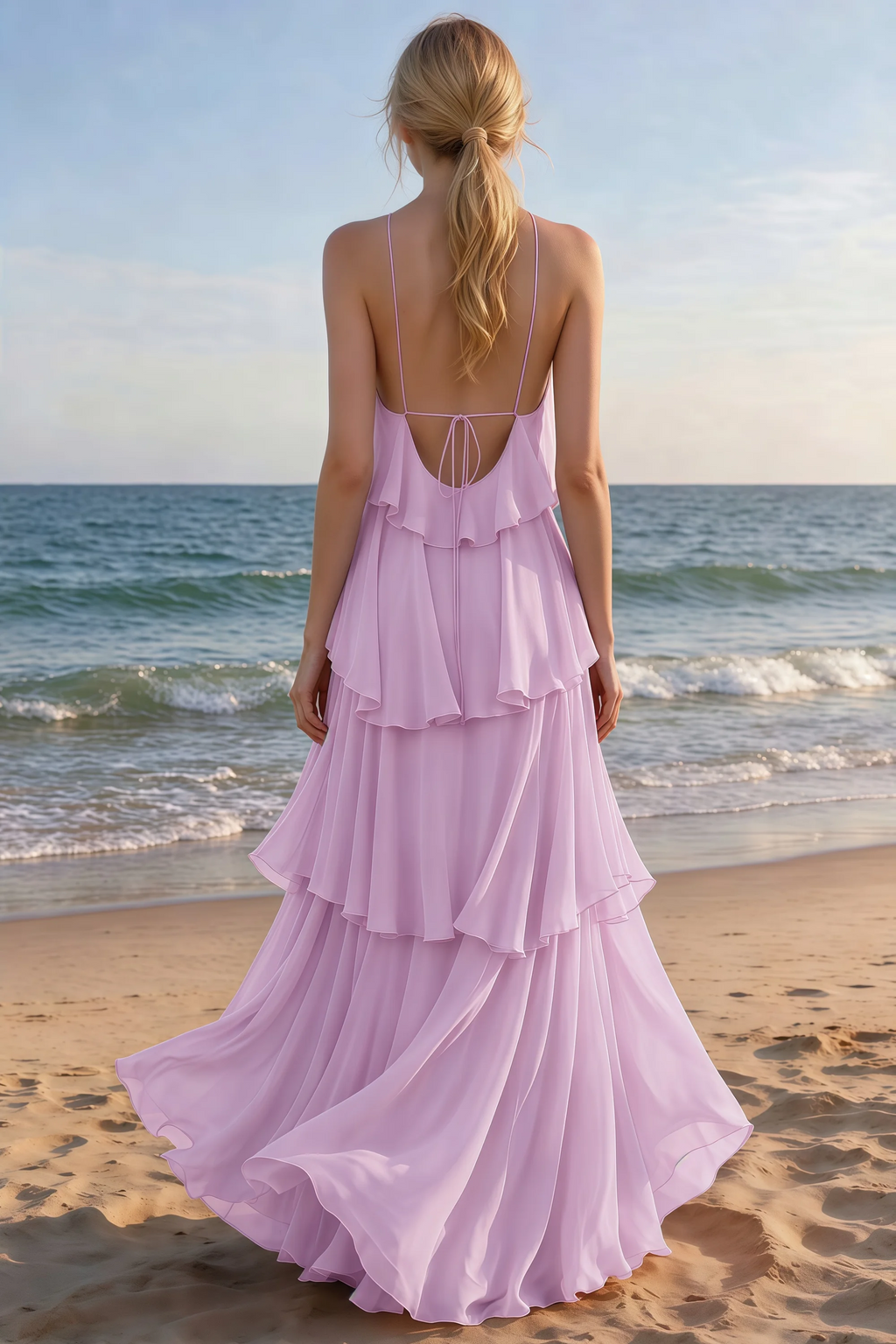Rear beach view of Audrey candy tiered maxi dress with an open back and flowing hem