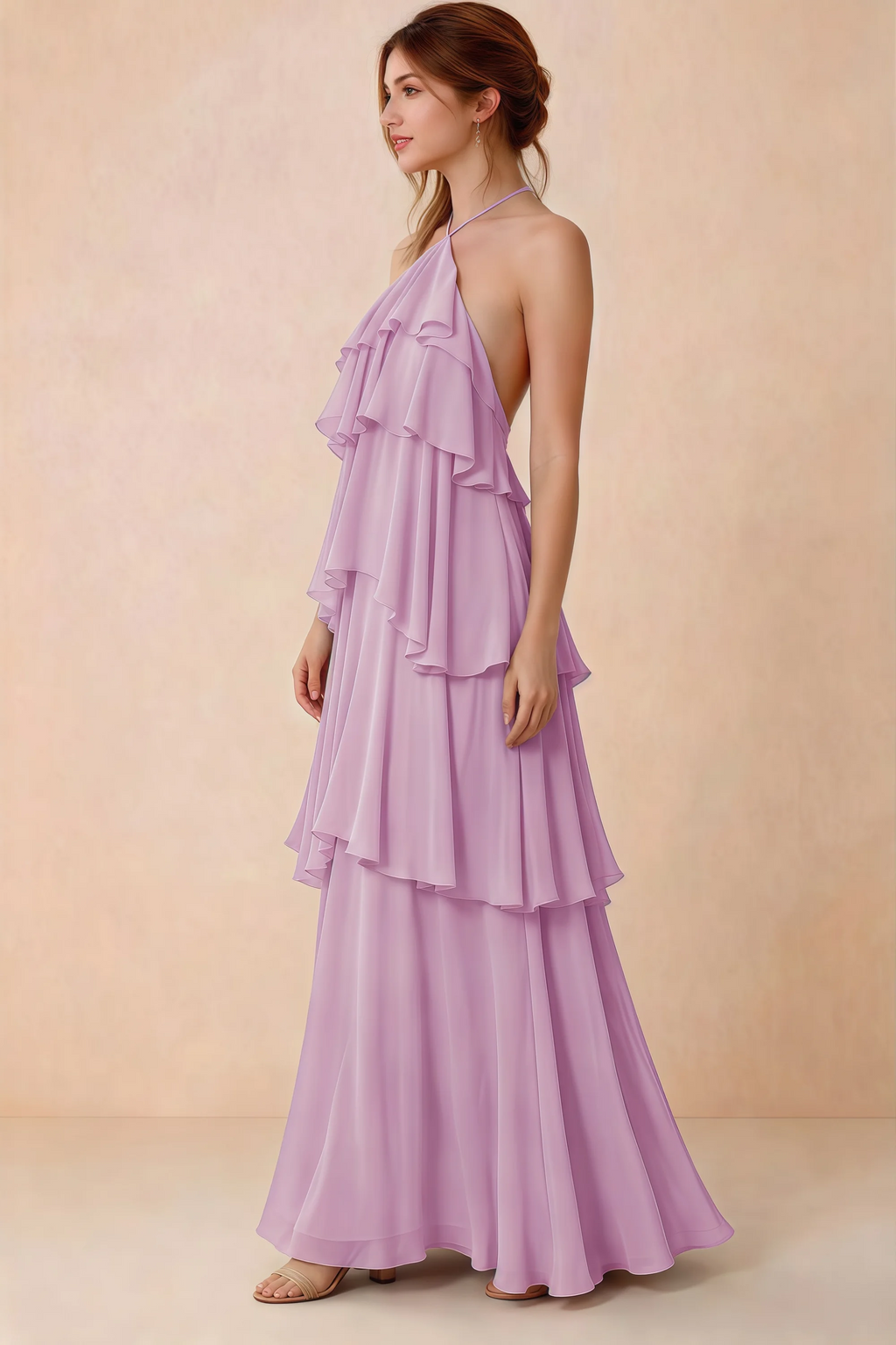 Side view of Audrey candy chiffon dress showing the relaxed shape and layered ruffles