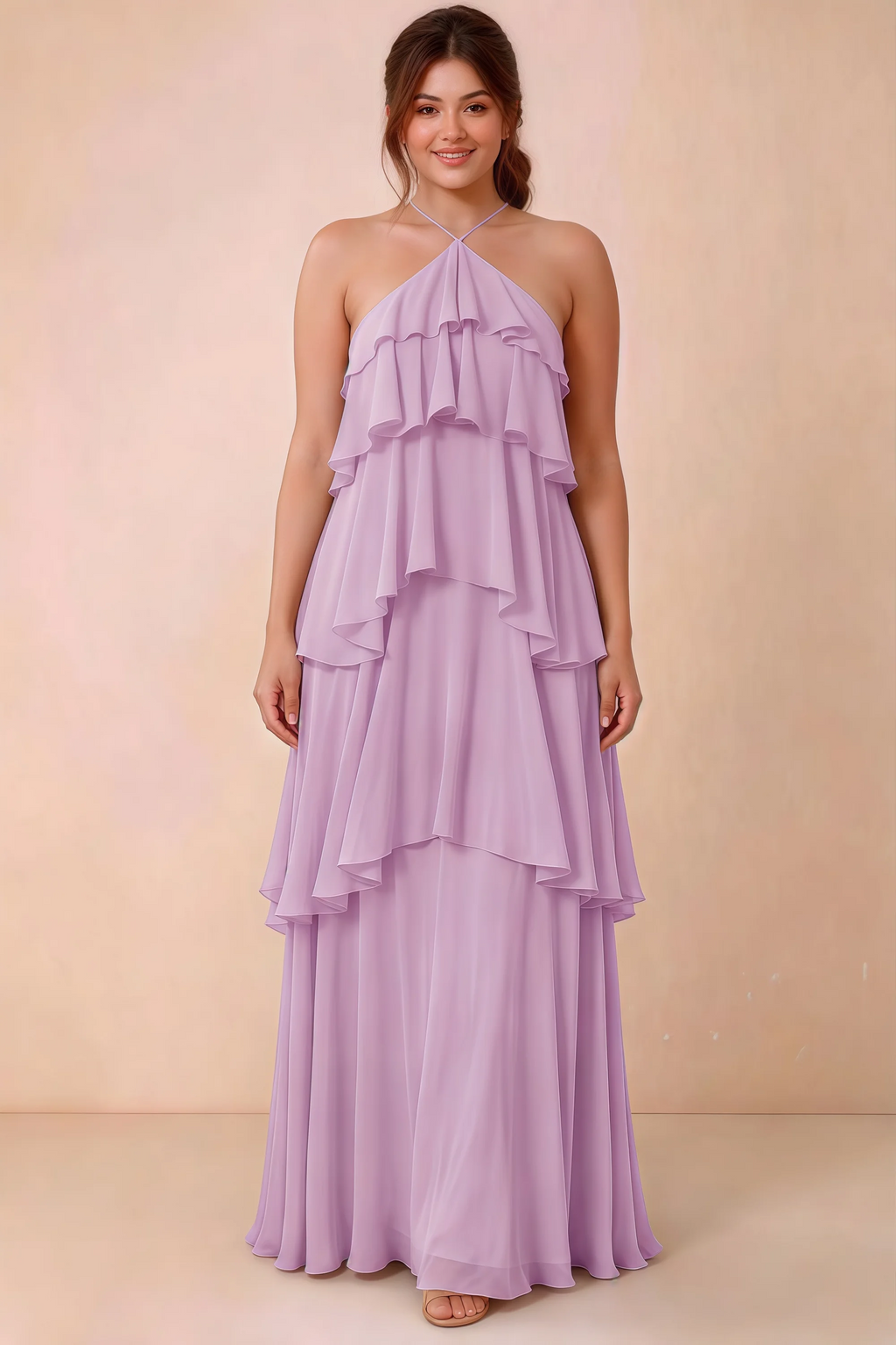Front studio view of Audrey candy halter maxi dress showing the relaxed chiffon tiers