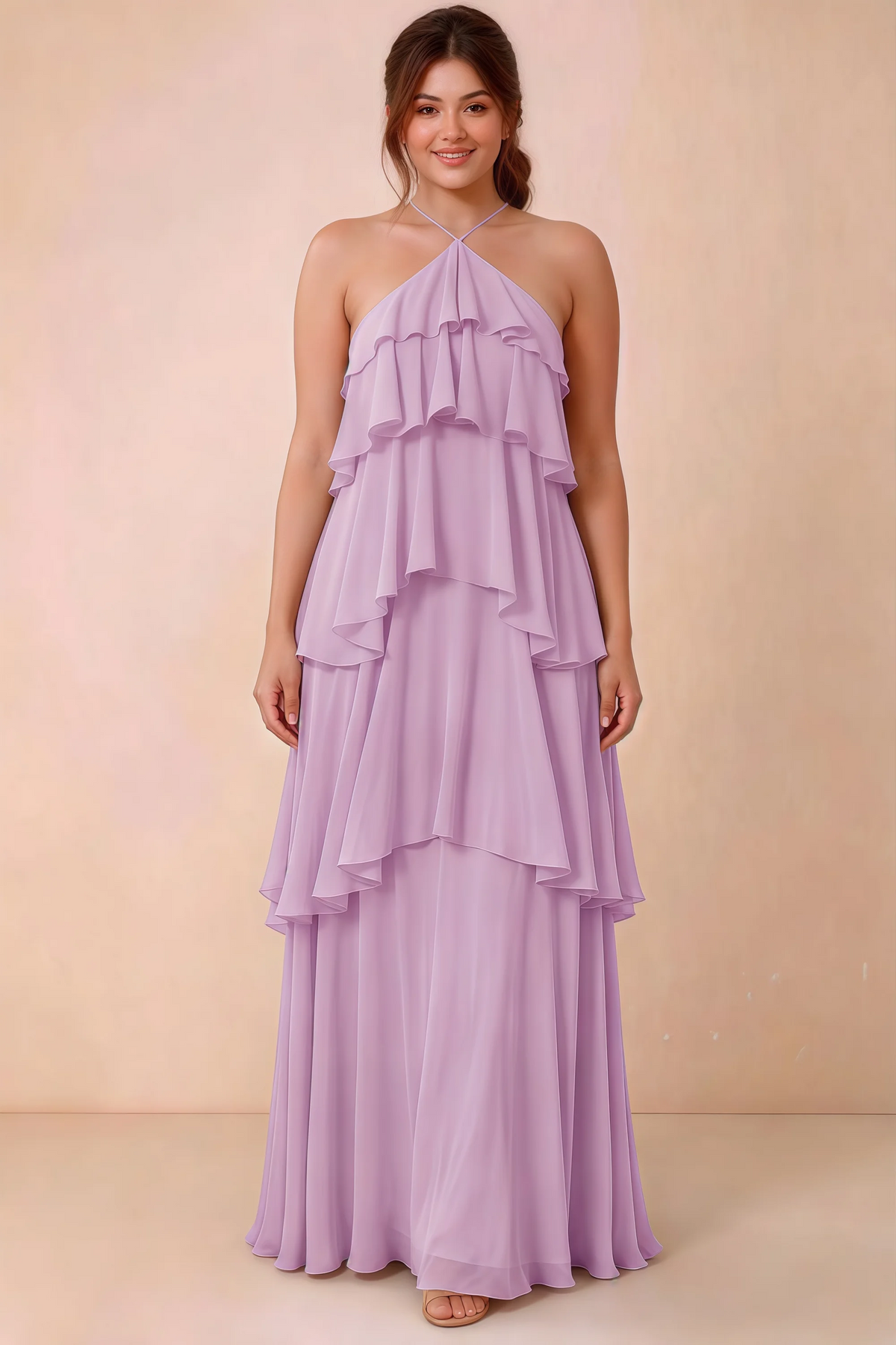 Front studio view of Audrey candy halter maxi dress showing the relaxed chiffon tiers