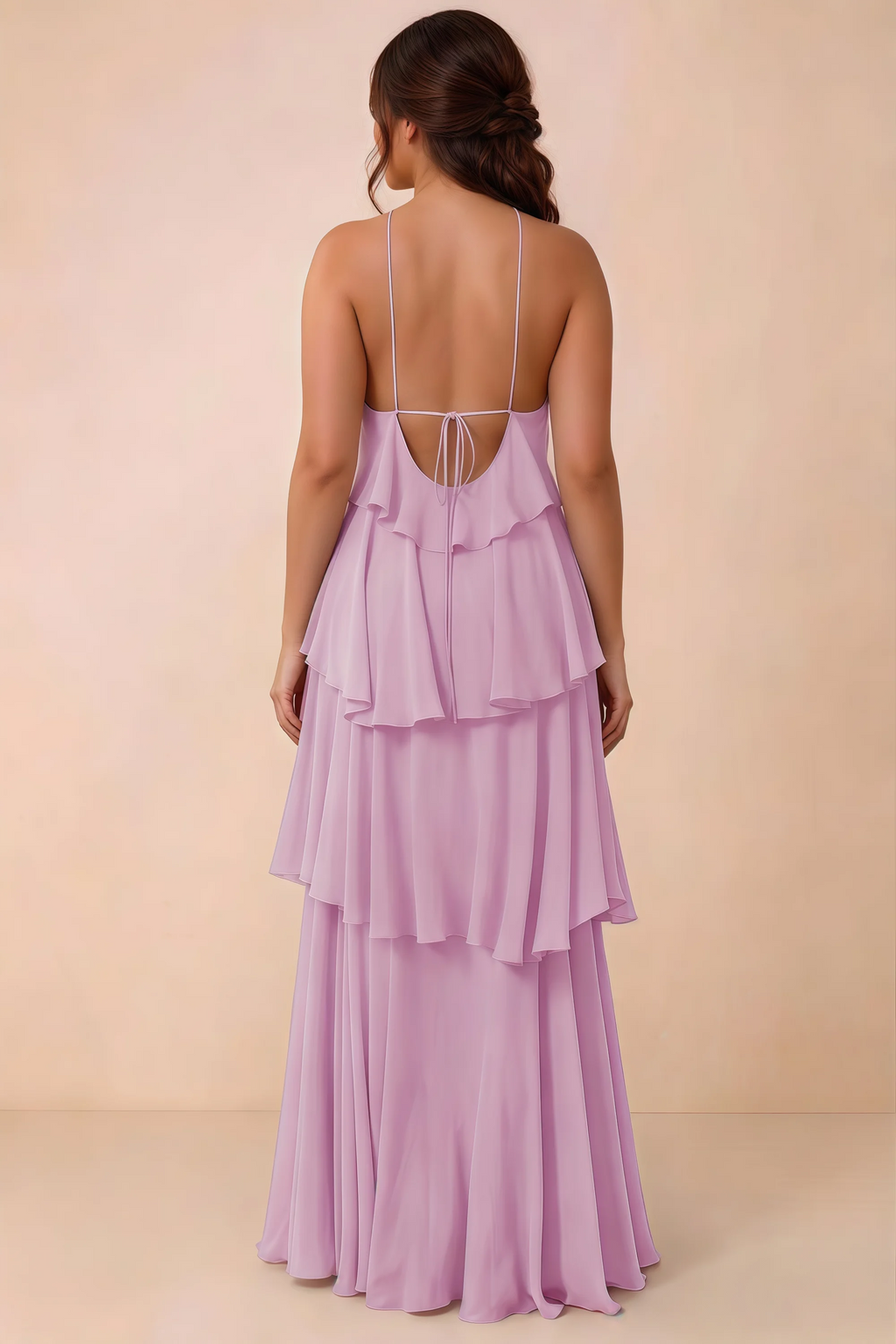 Rear studio view of Audrey candy tiered chiffon dress showing the low back and fine ties