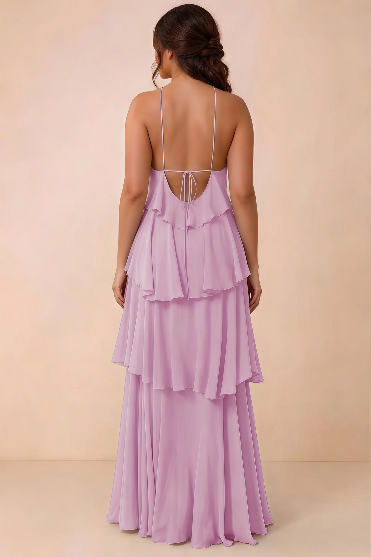 Rear studio view of Audrey candy tiered chiffon dress showing the low back and fine ties