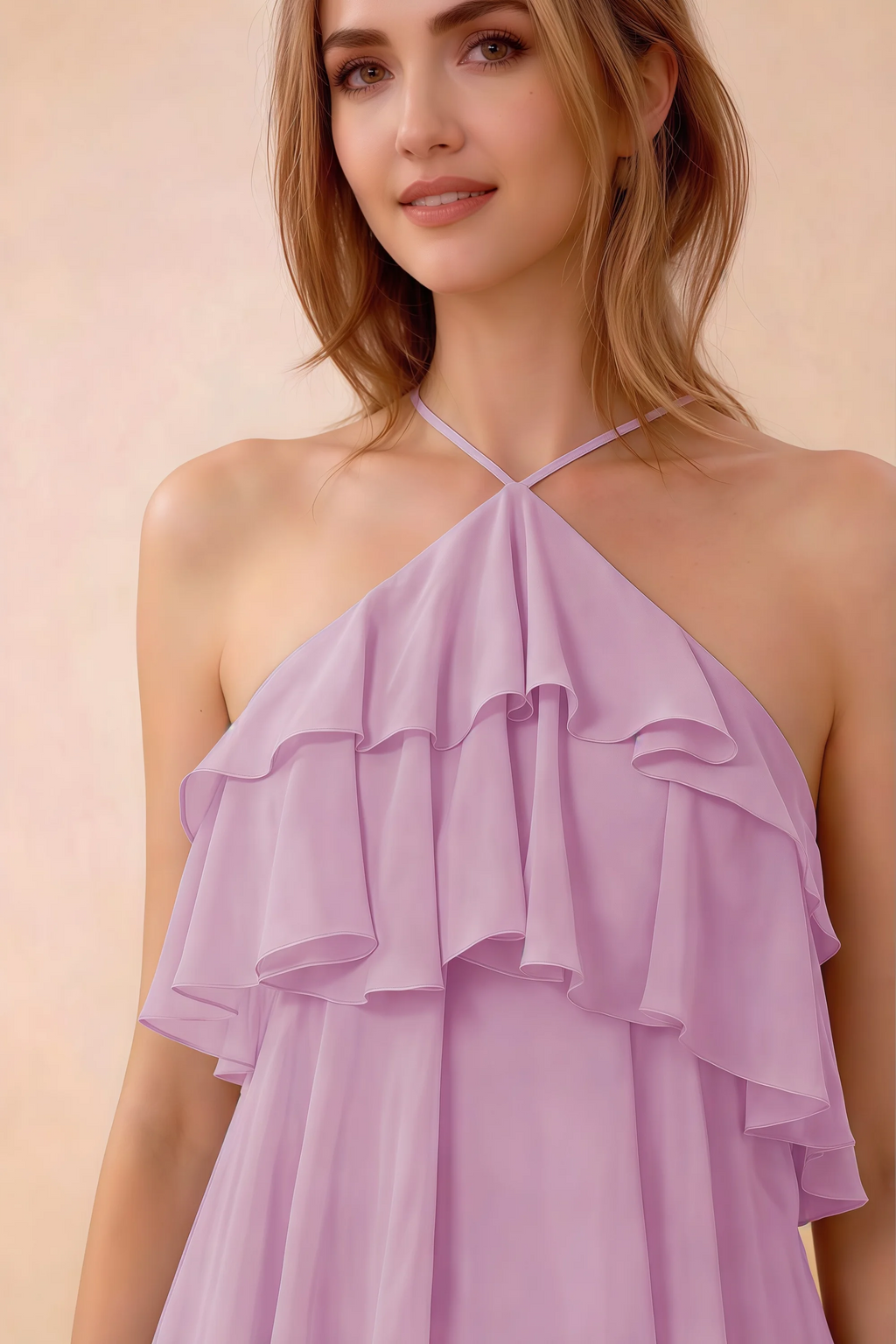 Close-up of Audrey candy crossed halter neckline and soft chiffon ruffles