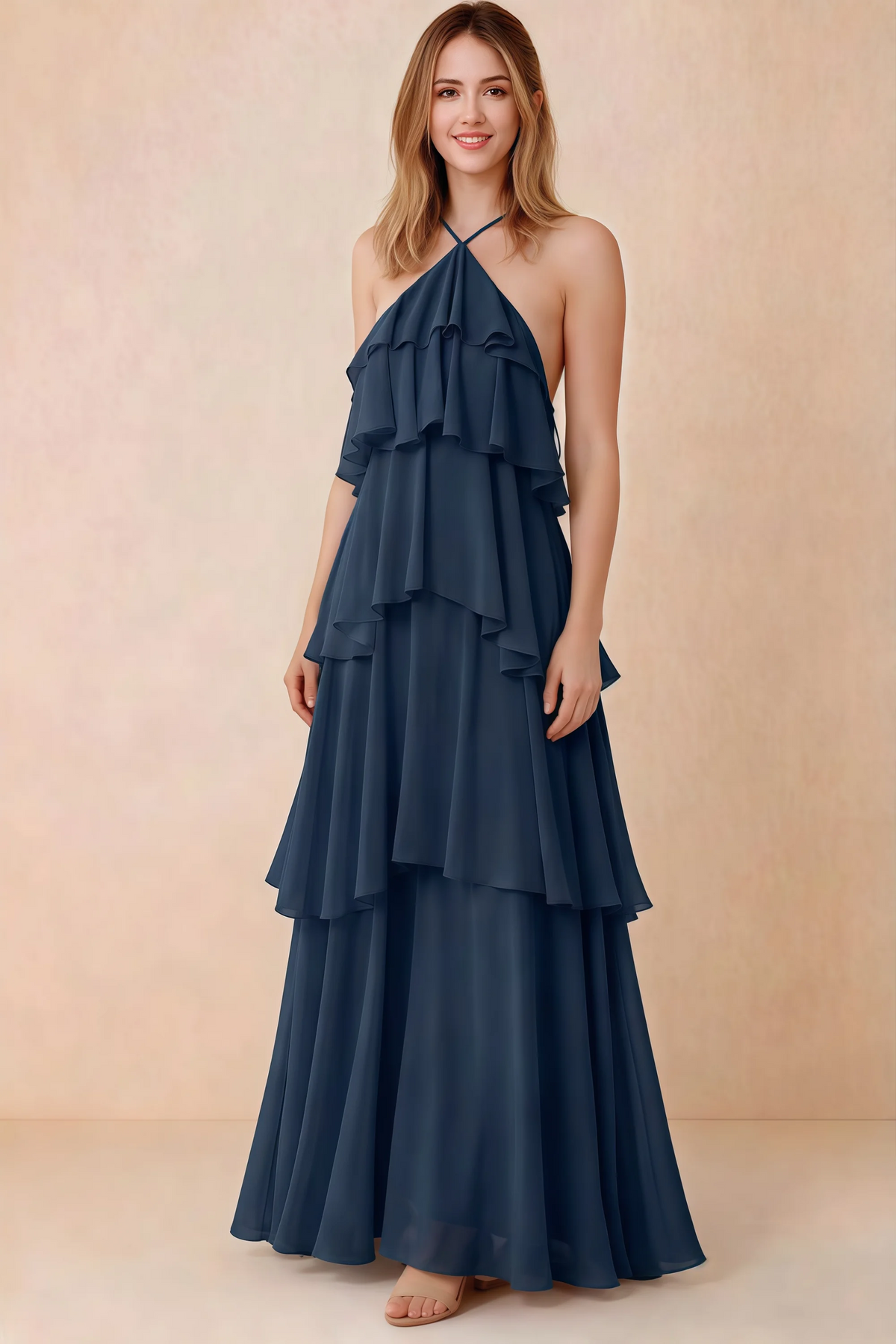 Front view of Audrey navy chiffon maxi dress with crossed halter straps and cascading tiered ruffles