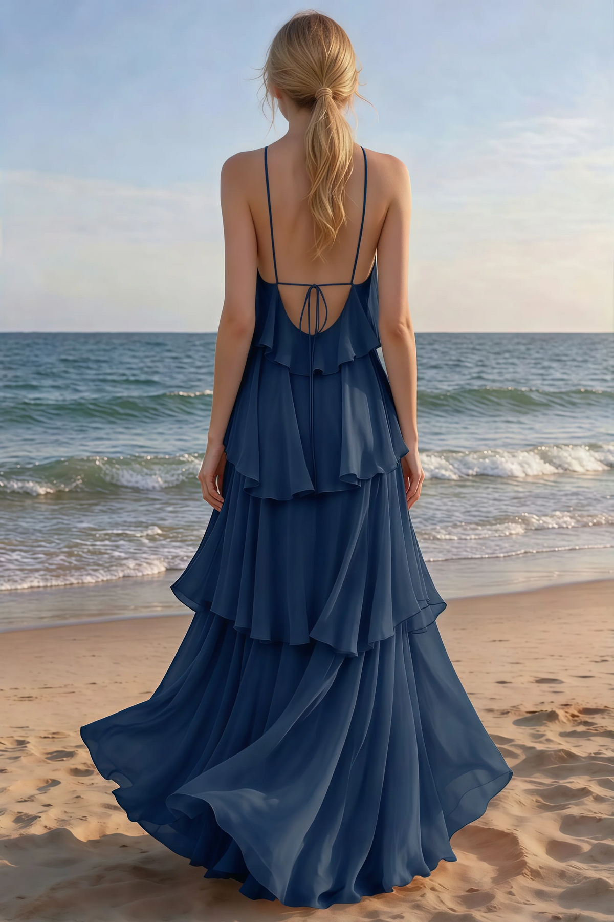 Rear beach view of Audrey navy tiered maxi dress with an open back and flowing hem