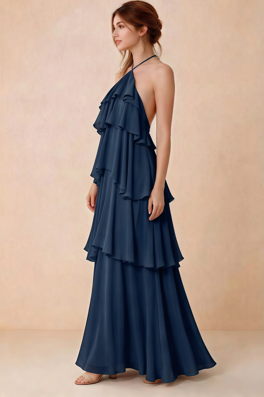 Side view of Audrey navy chiffon dress showing the relaxed shape and layered ruffles