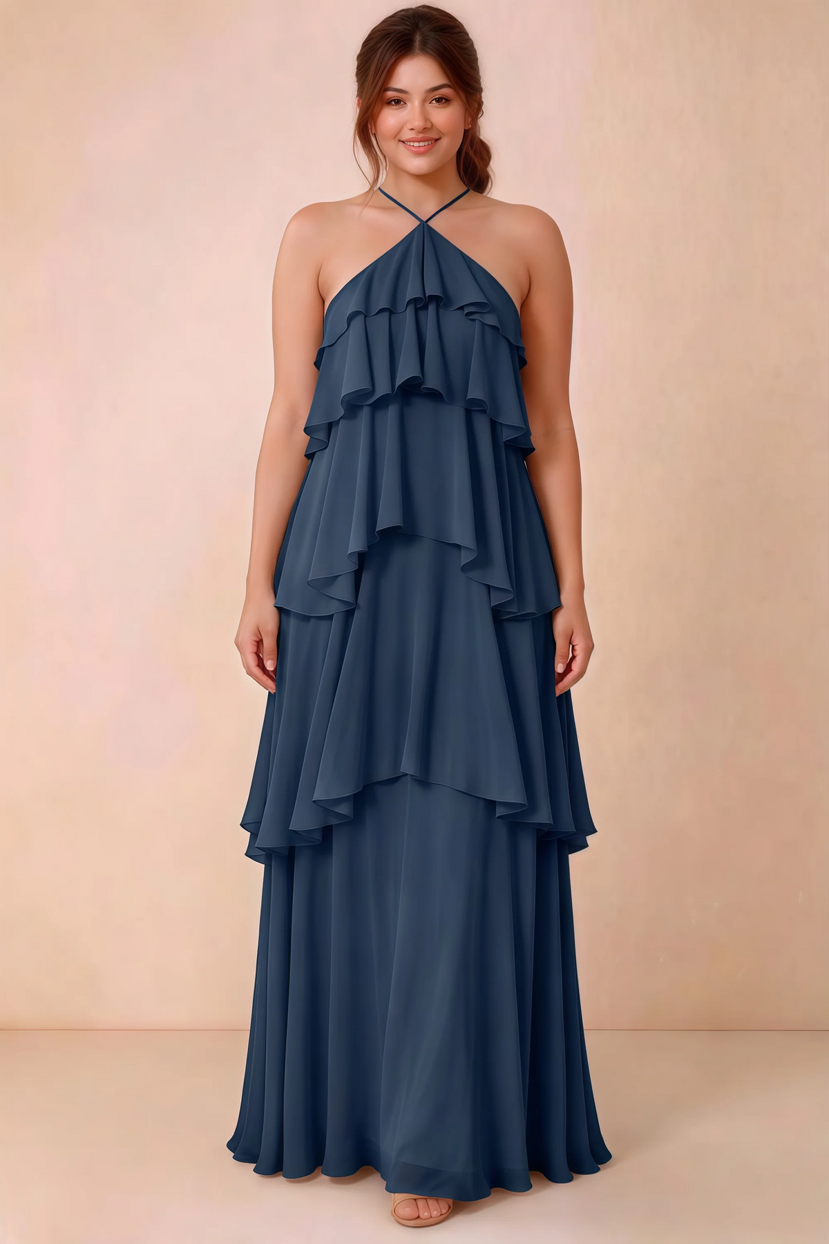 Front studio view of Audrey navy halter maxi dress showing the relaxed chiffon tiers