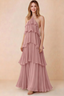Front view of Audrey dusty rose chiffon maxi dress with crossed halter straps and cascading tiered ruffles