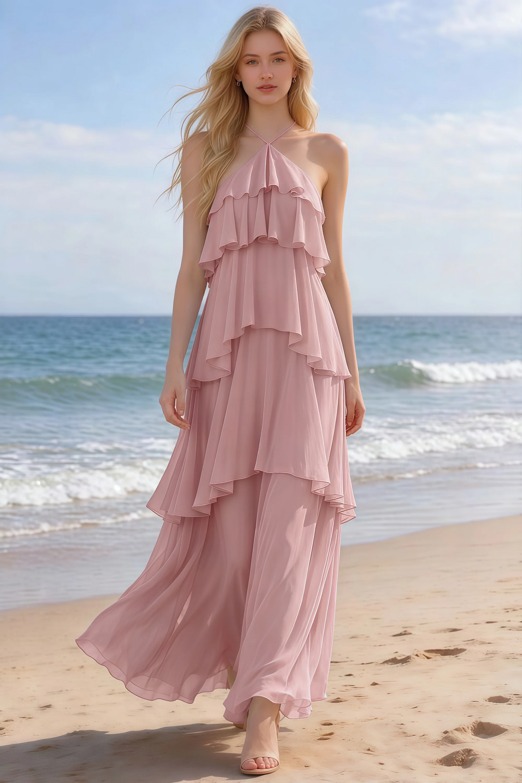 Audrey dusty rose halter chiffon maxi dress shown from the front on a beach