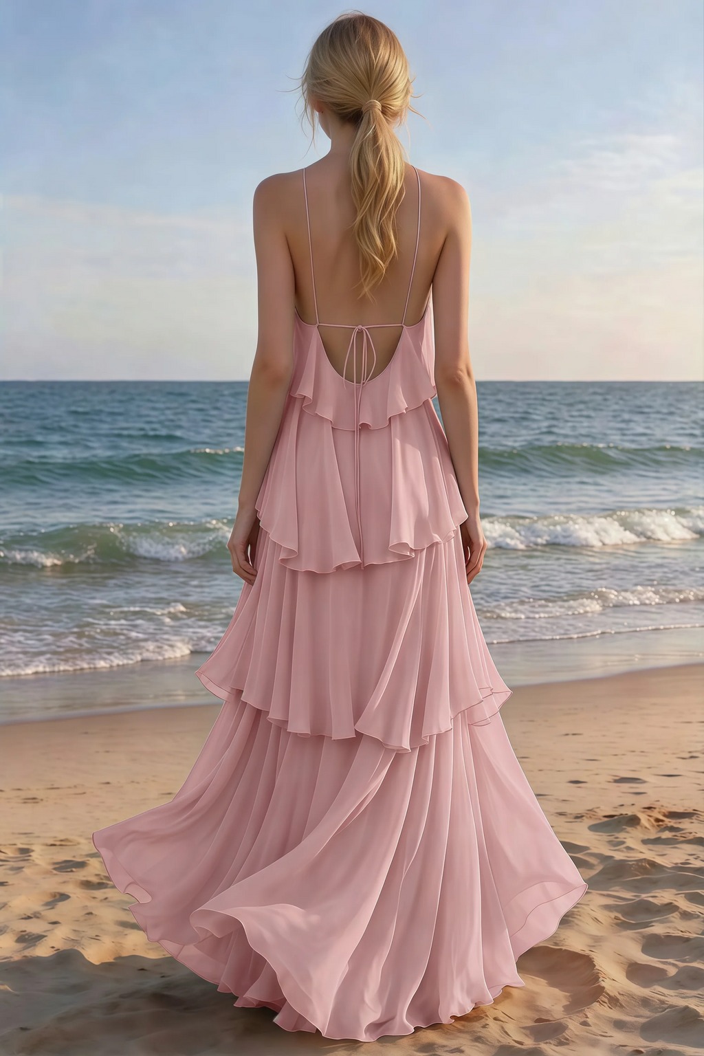 Rear beach view of Audrey dusty rose tiered maxi dress with an open back and flowing hem