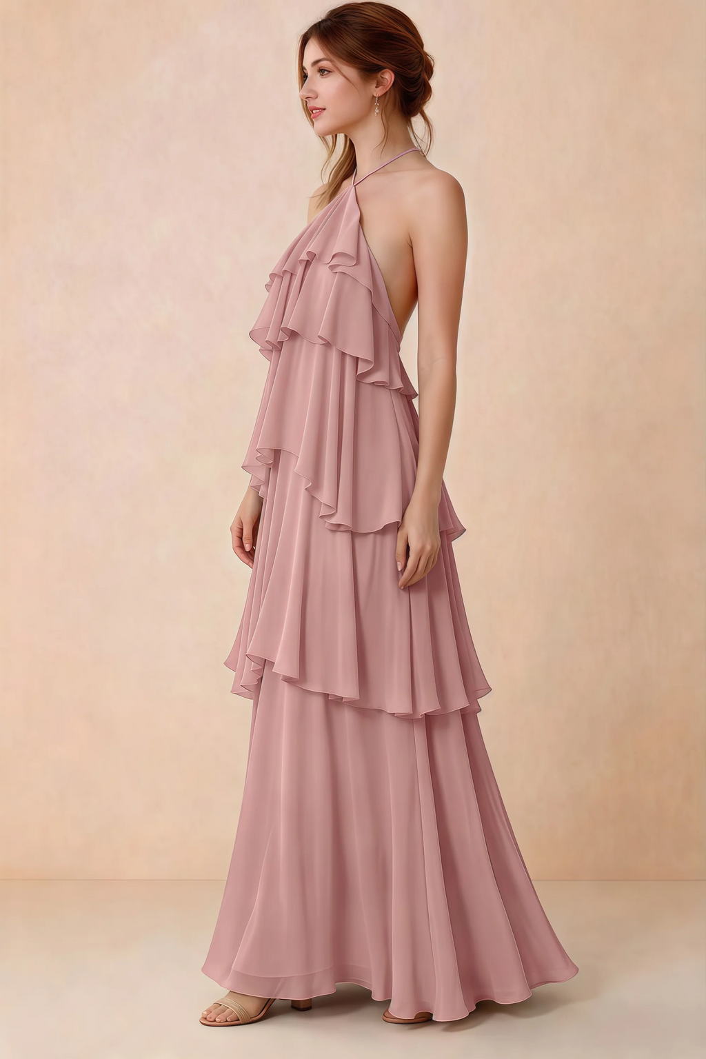 Side view of Audrey dusty rose chiffon dress showing the relaxed shape and layered ruffles