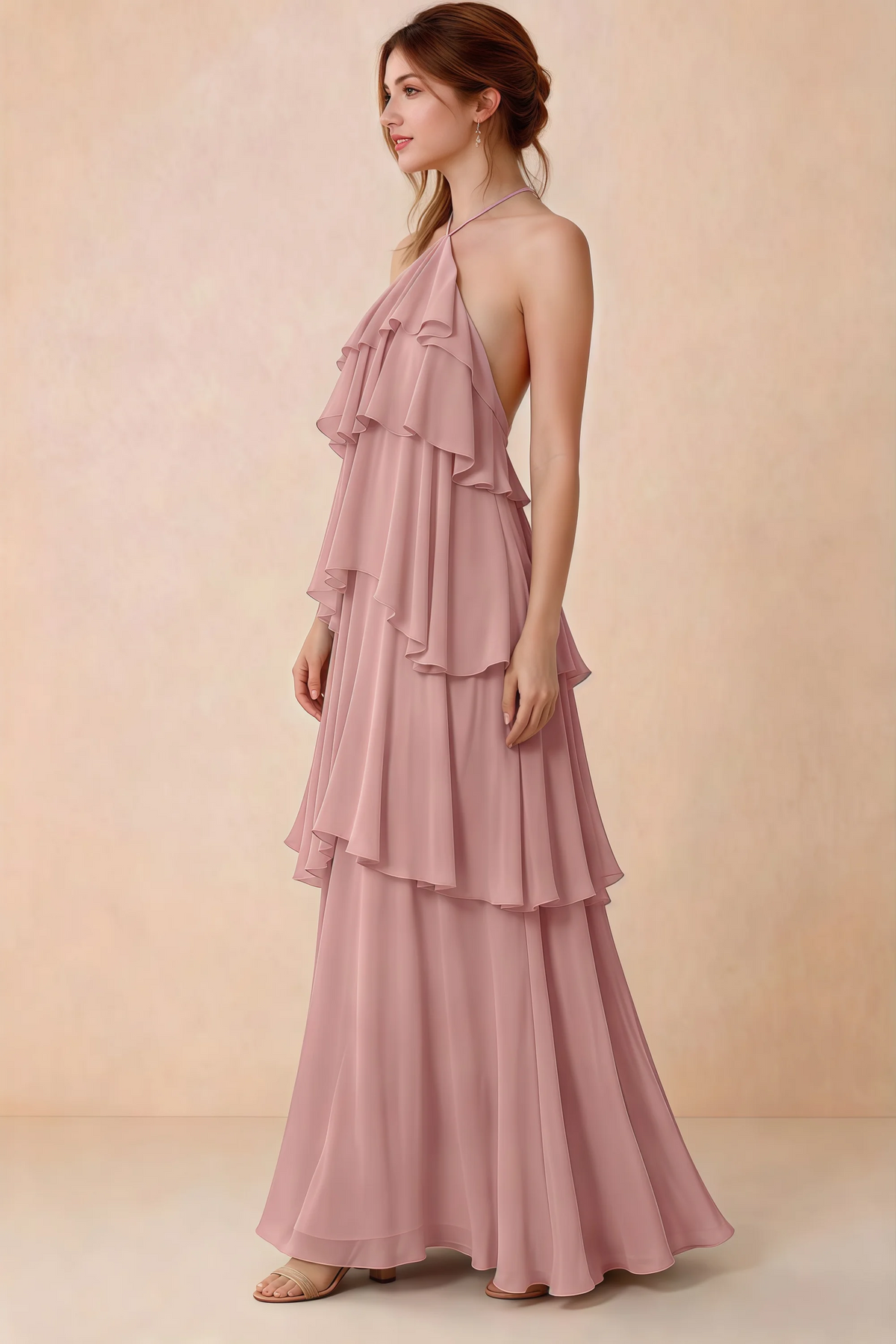 Side view of Audrey dusty rose chiffon dress showing the relaxed shape and layered ruffles