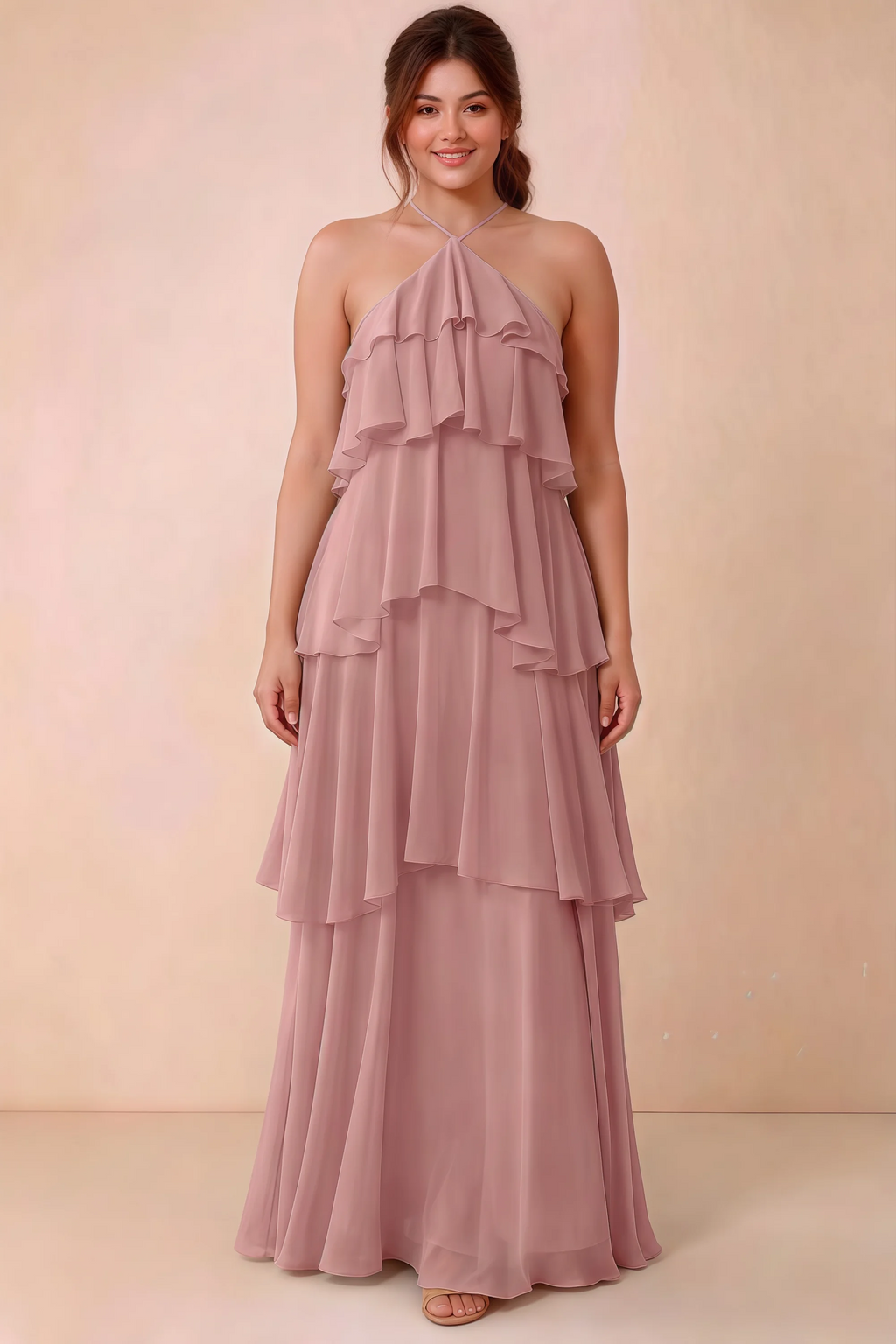 Front studio view of Audrey dusty rose halter maxi dress showing the relaxed chiffon tiers