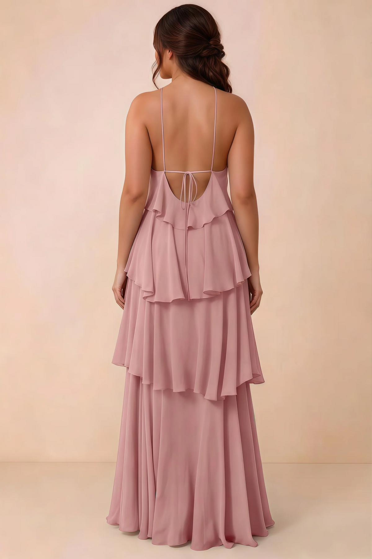 Rear studio view of Audrey dusty rose tiered chiffon dress showing the low back and fine ties