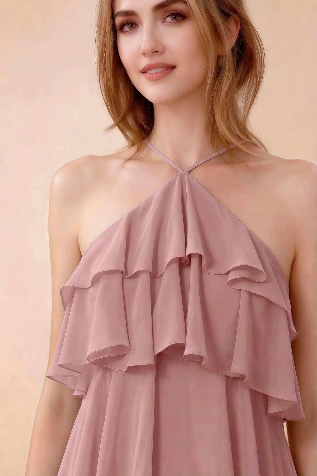 Close-up of Audrey dusty rose crossed halter neckline and soft chiffon ruffles