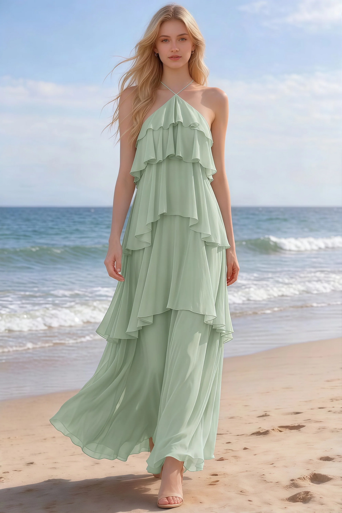 Audrey sage green halter chiffon maxi dress shown from the front on a beach