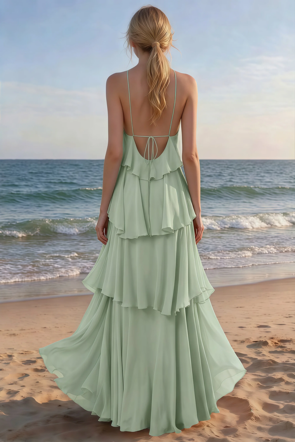 Rear beach view of Audrey sage green tiered maxi dress with an open back and flowing hem