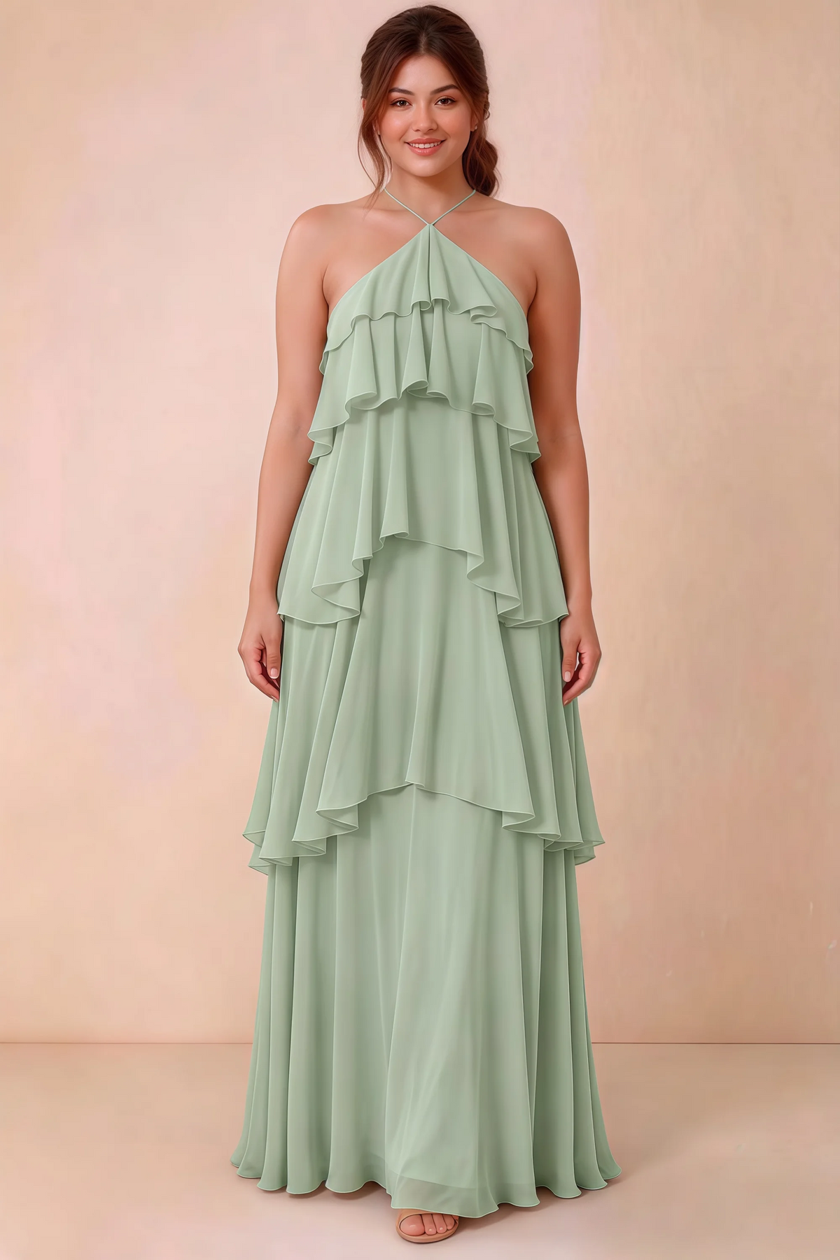 Front studio view of Audrey sage green halter maxi dress showing the relaxed chiffon tiers