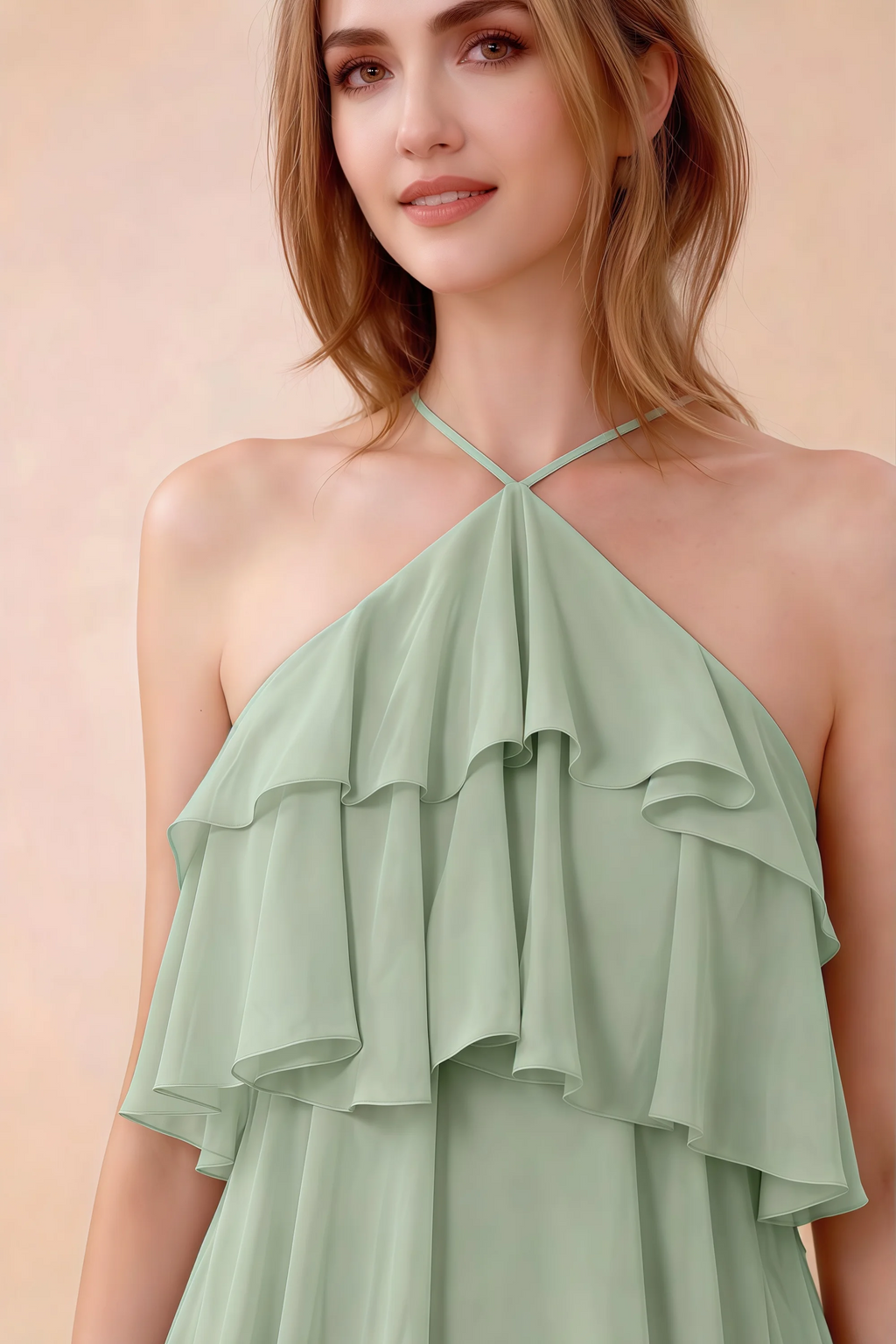 Close-up of Audrey sage green crossed halter neckline and soft chiffon ruffles