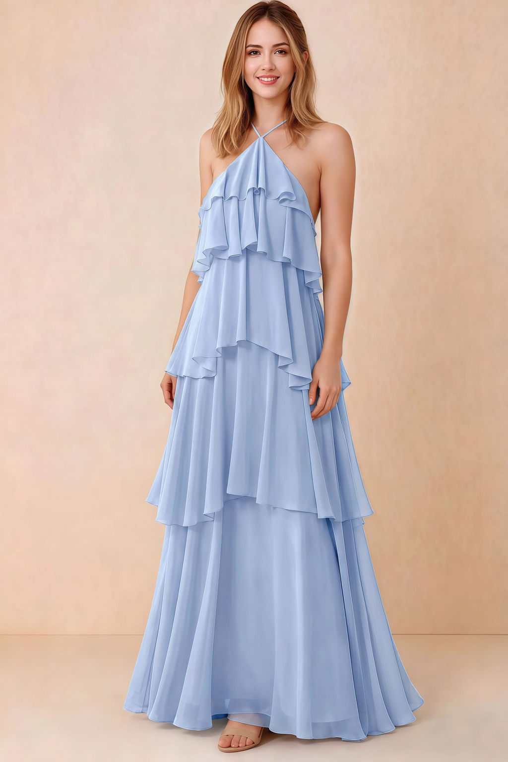 Front view of Audrey ice blue chiffon maxi dress with crossed halter straps and cascading tiered ruffles