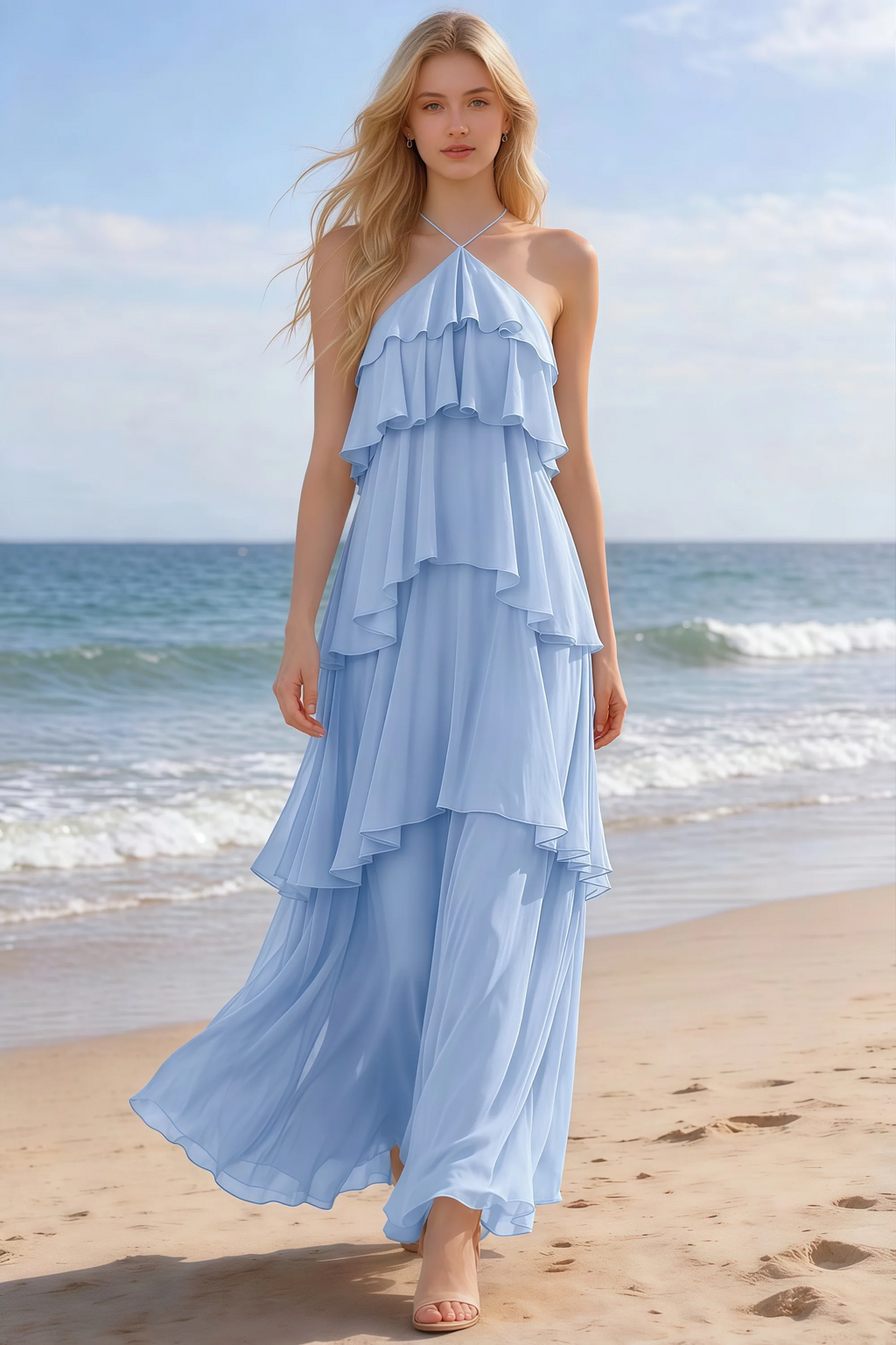 Audrey ice blue halter chiffon maxi dress shown from the front on a beach