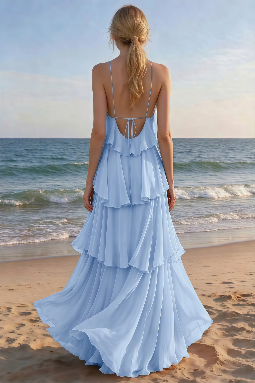 Rear beach view of Audrey ice blue tiered maxi dress with an open back and flowing hem