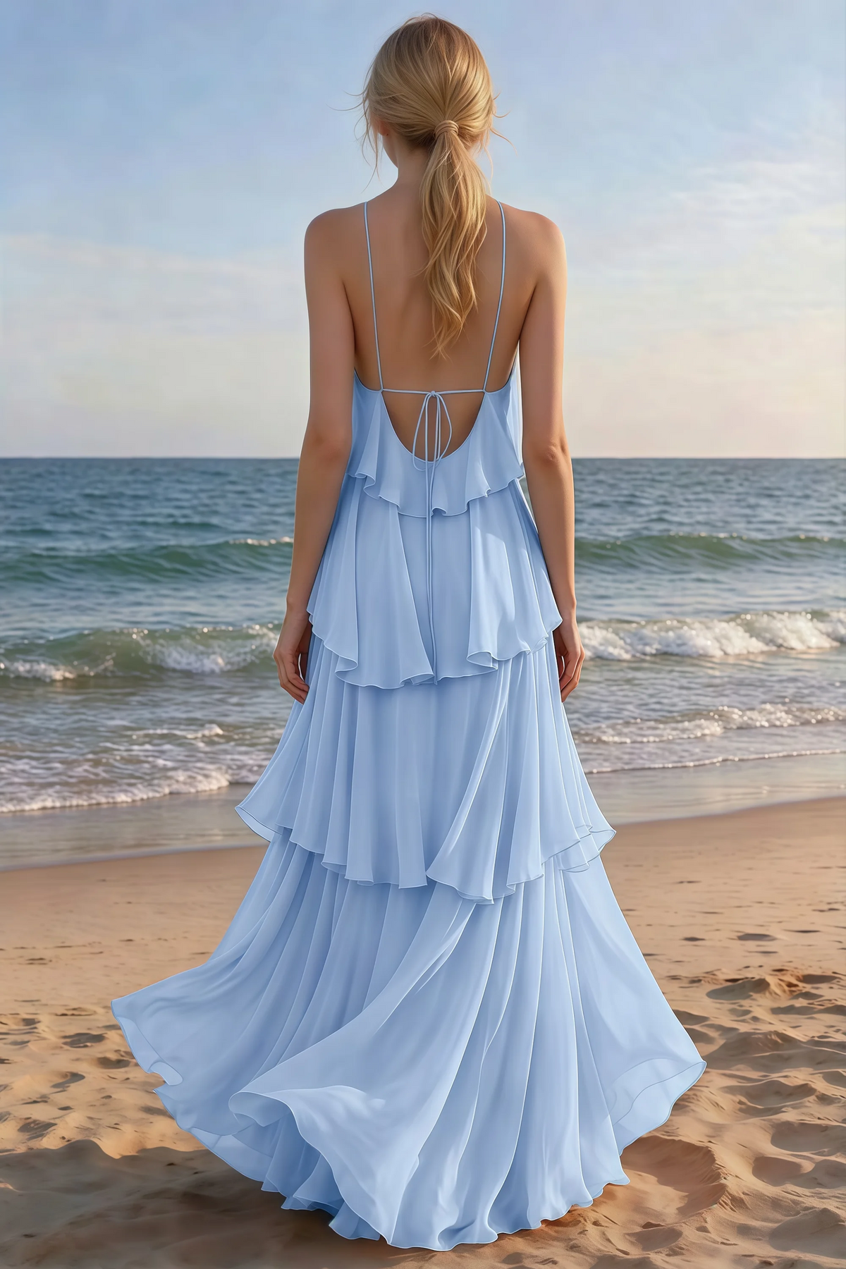 Rear beach view of Audrey ice blue tiered maxi dress with an open back and flowing hem