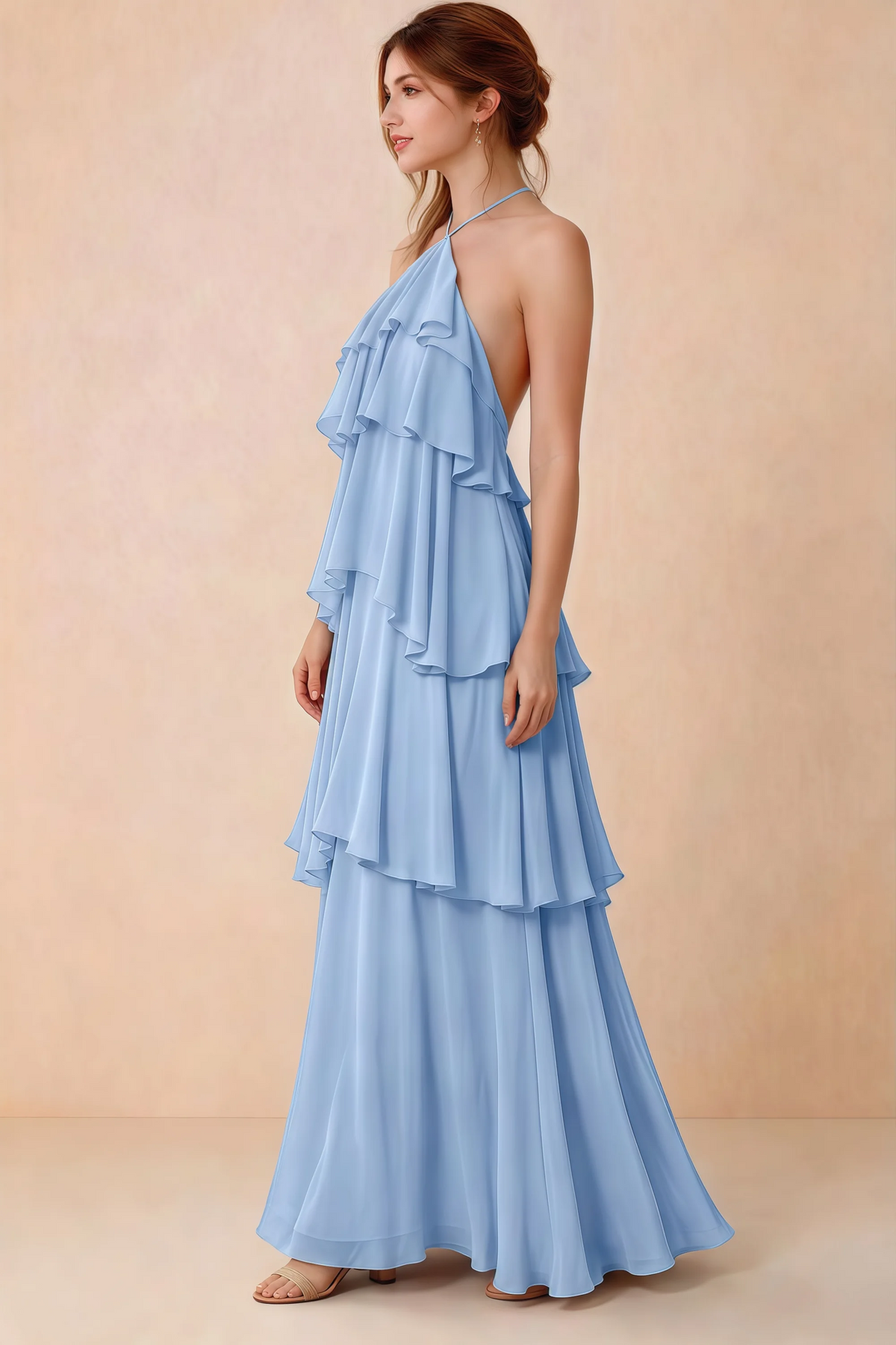 Side view of Audrey ice blue chiffon dress showing the relaxed shape and layered ruffles