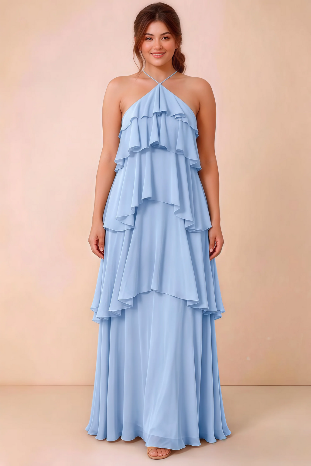 Front studio view of Audrey ice blue halter maxi dress showing the relaxed chiffon tiers