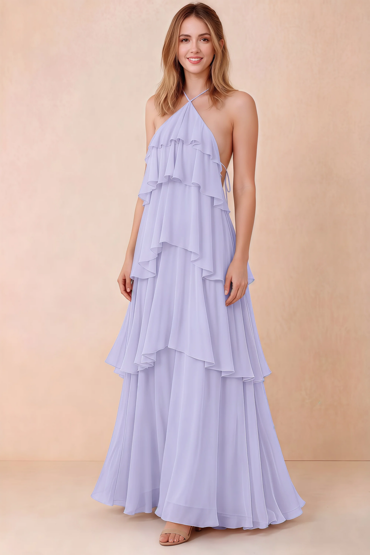 Front view of Audrey lavender chiffon maxi dress with crossed halter straps and cascading tiered ruffles