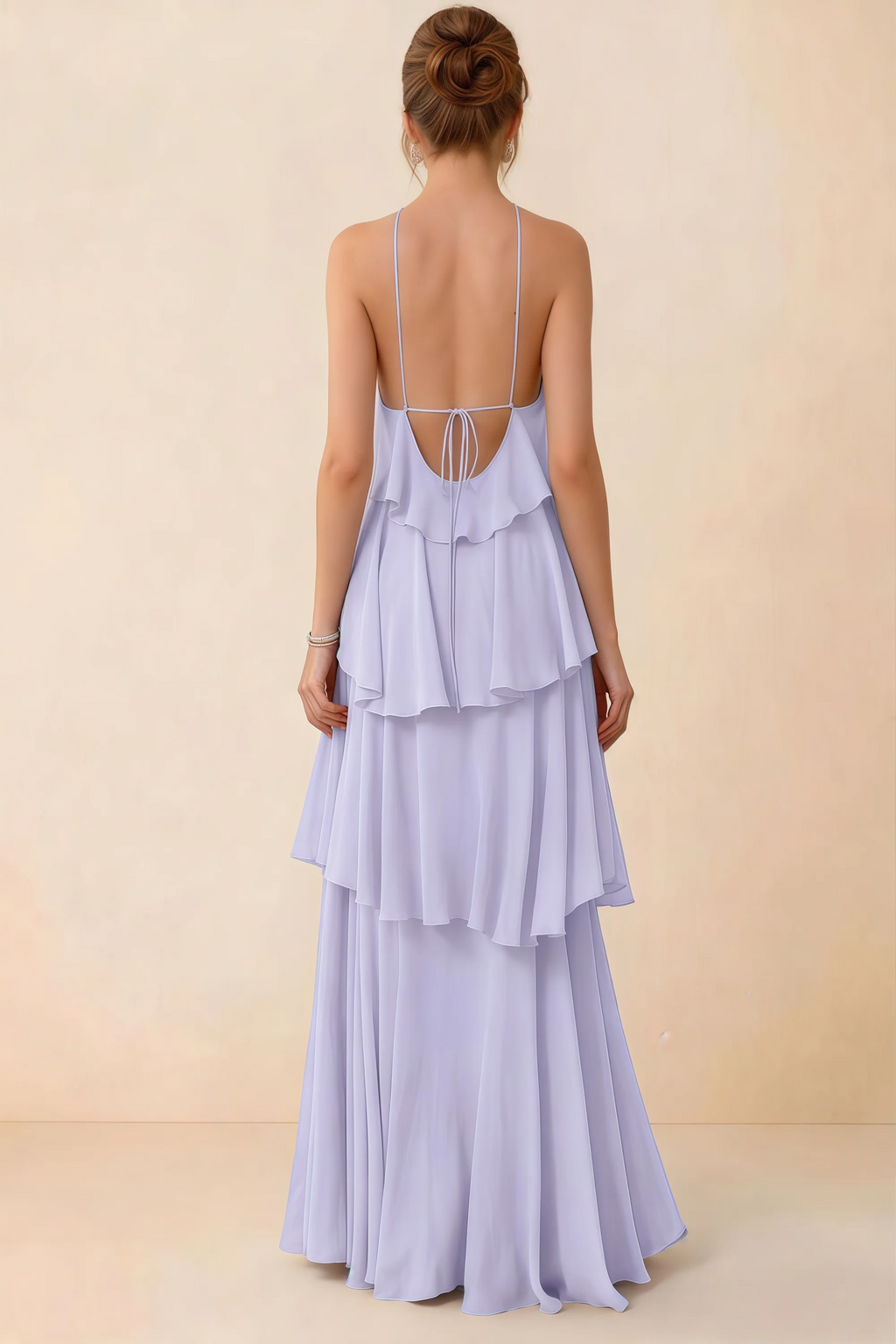 Back view of Audrey lavender ruffle maxi dress showing a low open back and fine tie straps