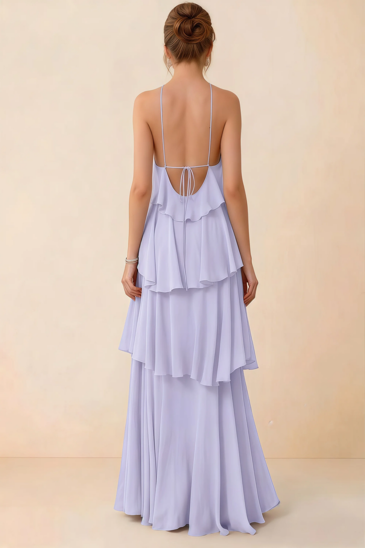 Back view of Audrey lavender ruffle maxi dress showing a low open back and fine tie straps