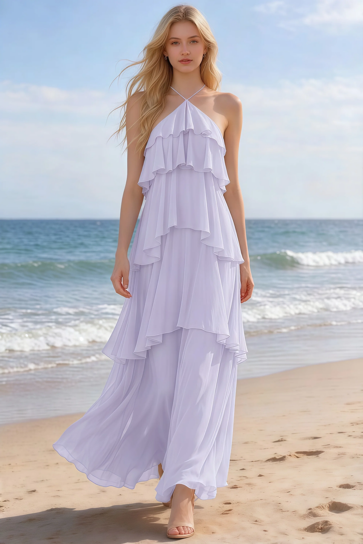 Audrey lavender halter chiffon maxi dress shown from the front on a beach