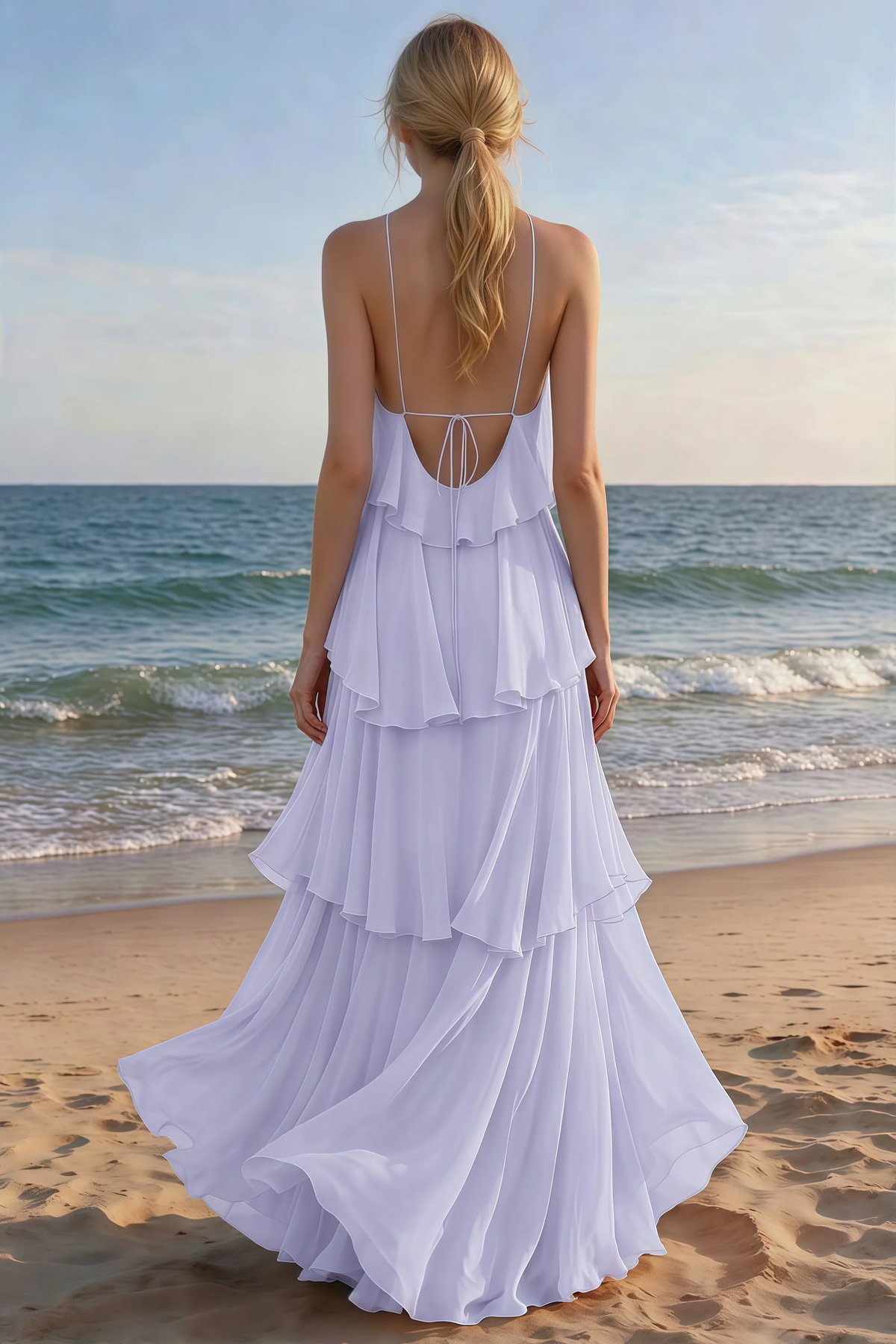 Rear beach view of Audrey lavender tiered maxi dress with an open back and flowing hem