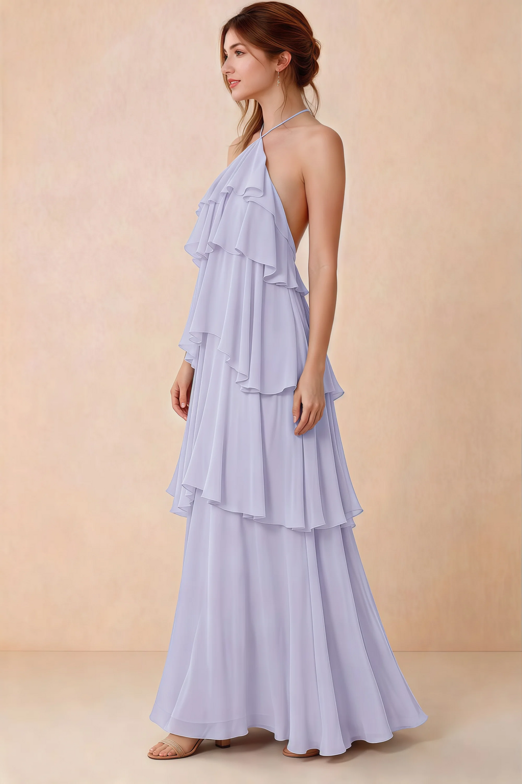 Side view of Audrey lavender chiffon dress showing the relaxed shape and layered ruffles