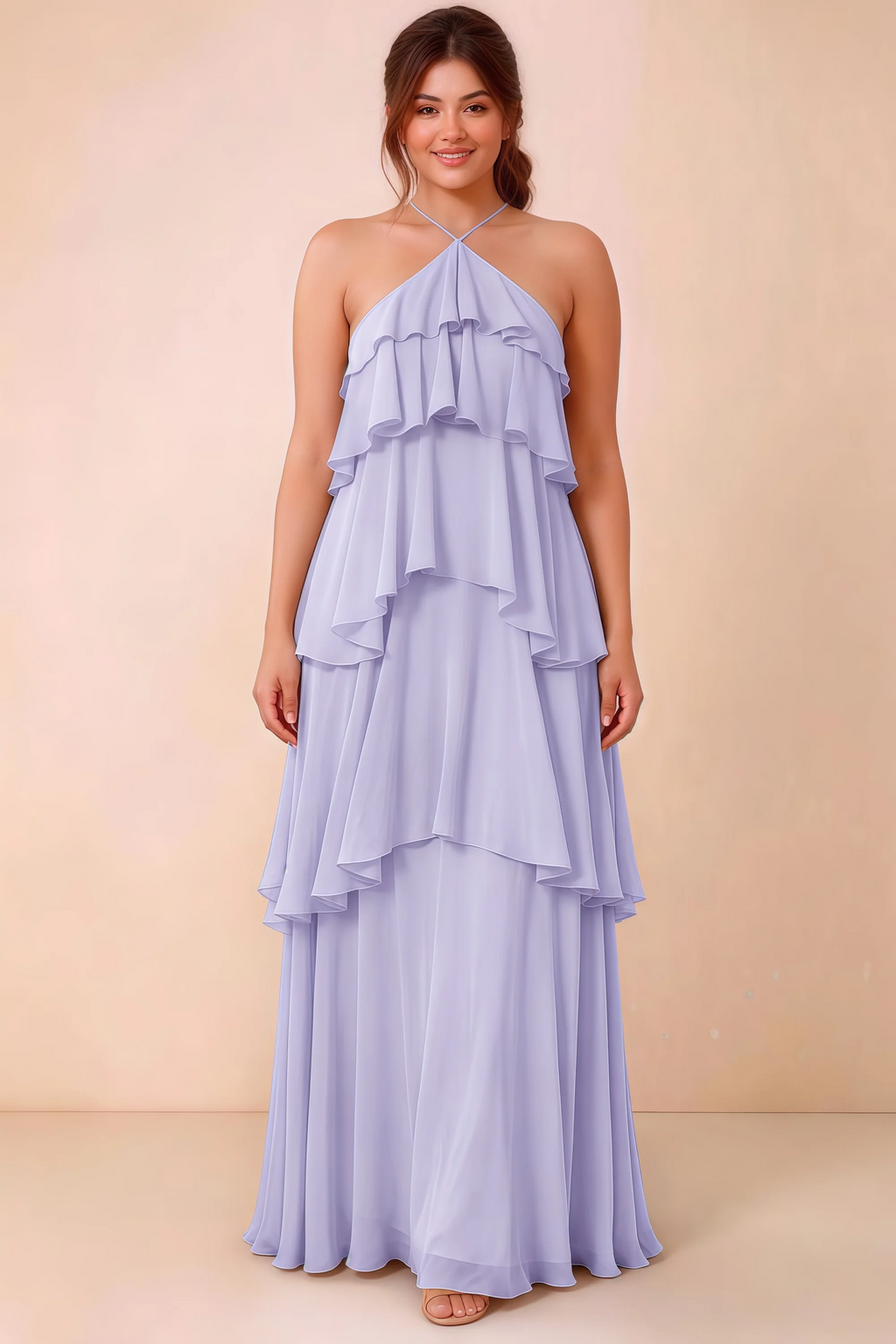 Front studio view of Audrey lavender halter maxi dress showing the relaxed chiffon tiers