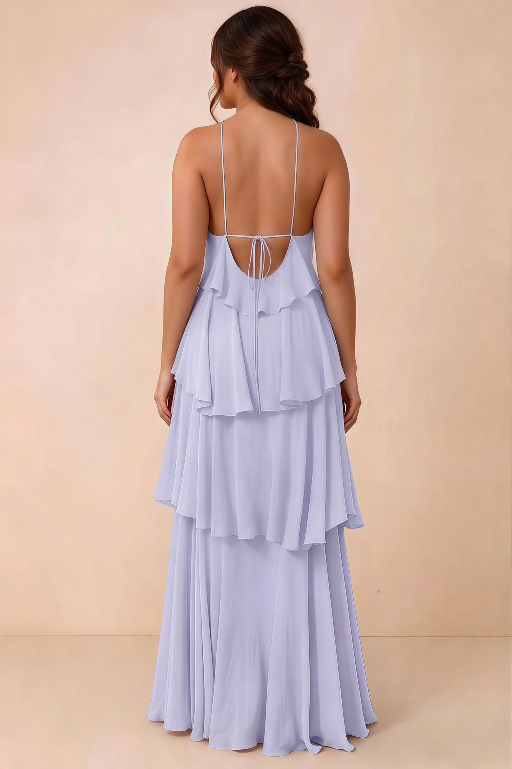 Rear studio view of Audrey lavender tiered chiffon dress showing the low back and fine ties
