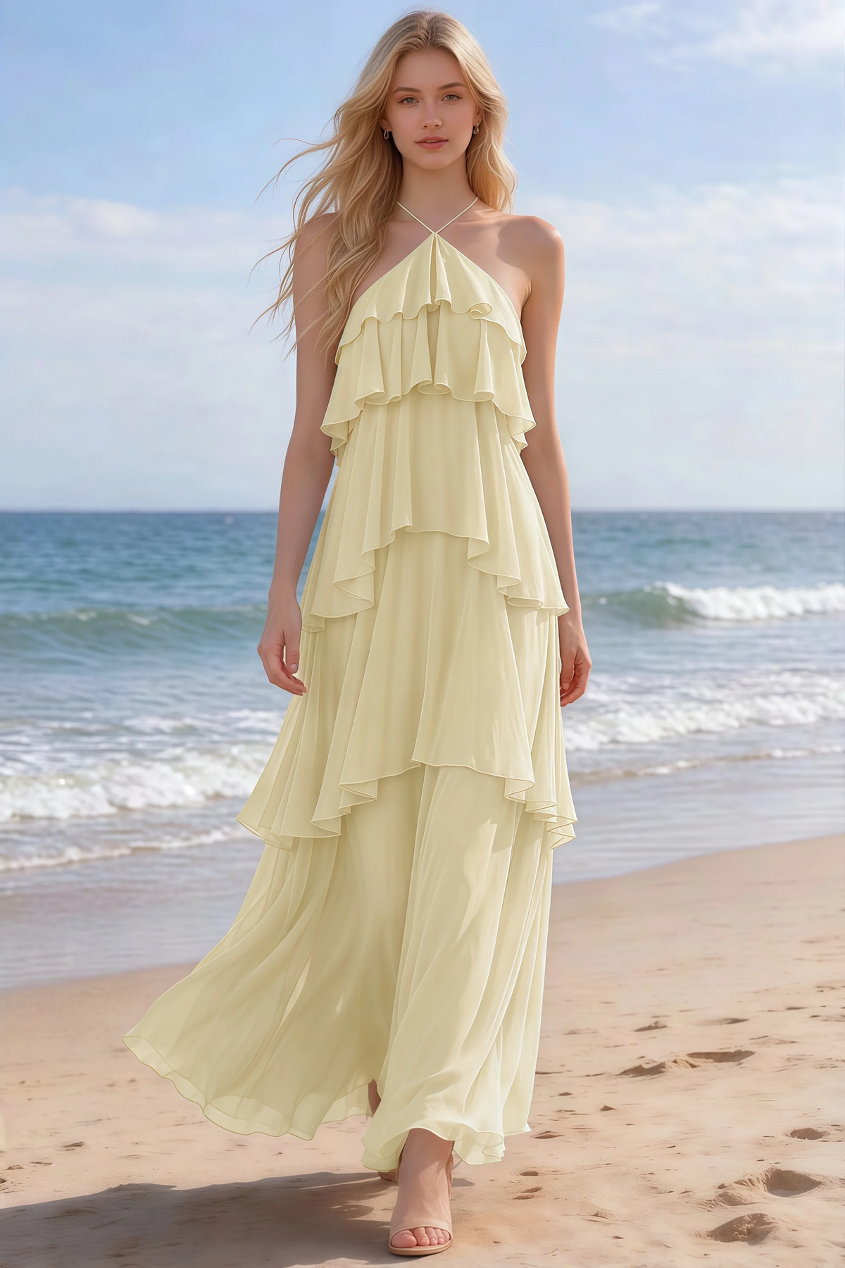 Audrey lemon halter chiffon maxi dress shown from the front on a beach