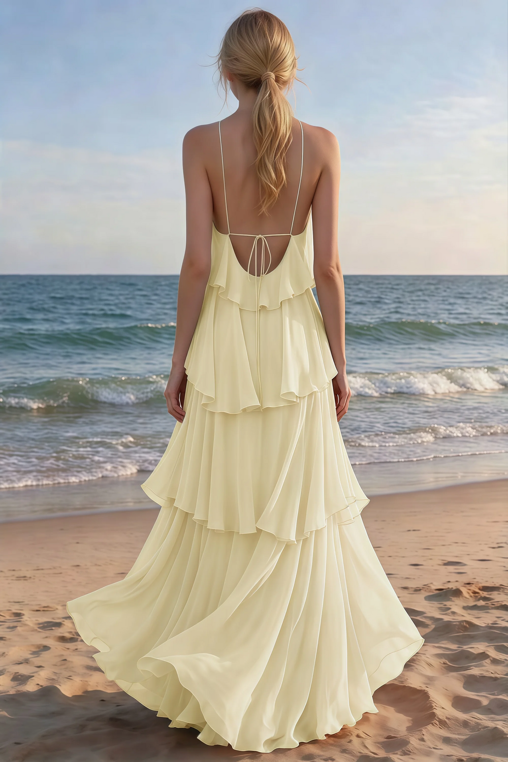 Rear beach view of Audrey lemon tiered maxi dress with an open back and flowing hem