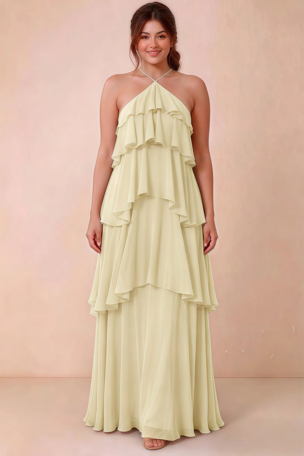 Front studio view of Audrey lemon halter maxi dress showing the relaxed chiffon tiers