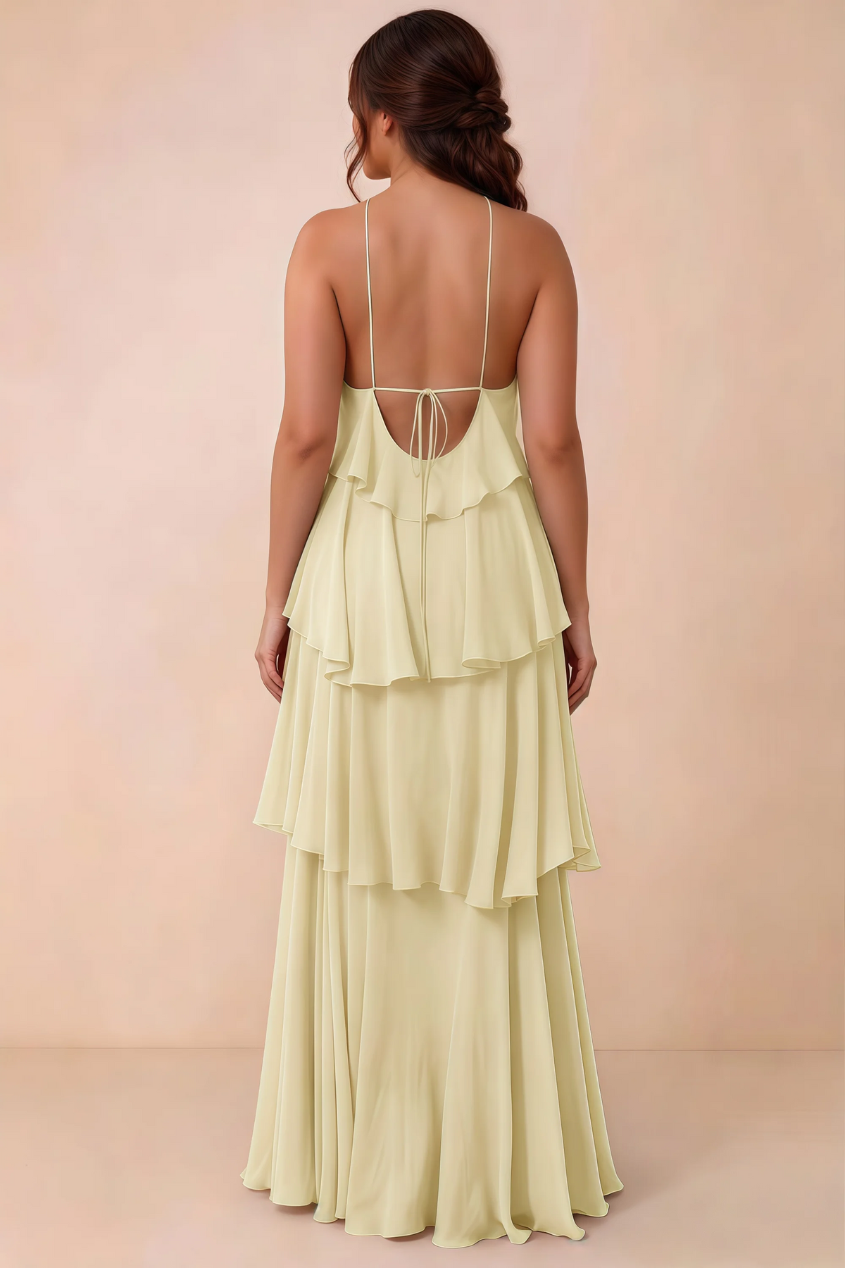 Rear studio view of Audrey lemon tiered chiffon dress showing the low back and fine ties