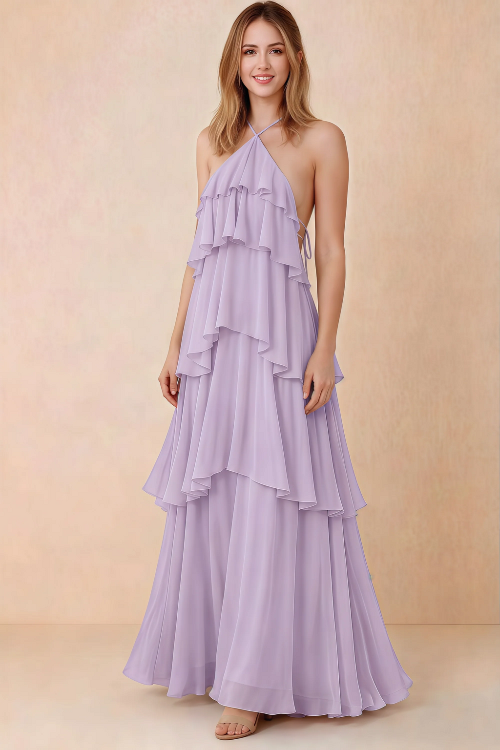 Front view of Audrey lilac chiffon maxi dress with crossed halter straps and cascading tiered ruffles