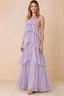 Front view of Audrey lilac chiffon maxi dress with crossed halter straps and cascading tiered ruffles