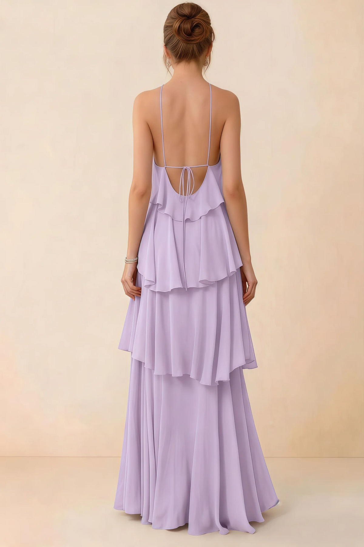 Back view of Audrey lilac ruffle maxi dress showing a low open back and fine tie straps